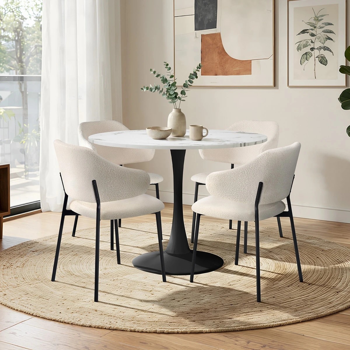 6 Oikiture 5PCS Dining Table Set Round Table Sherpa Dining Chairs -White&Black, 6 of 9