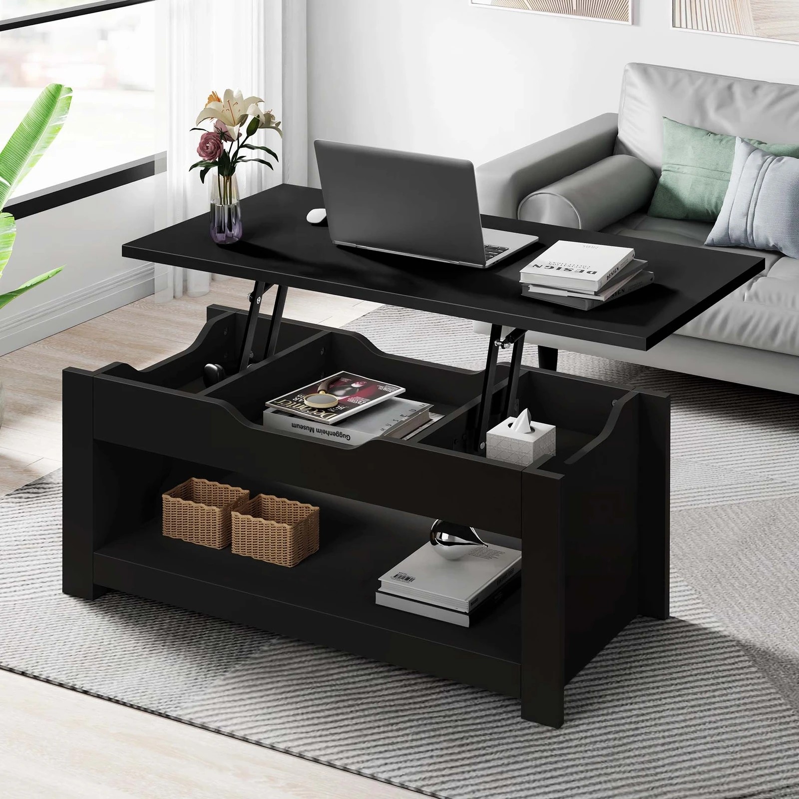 2 Alfordson Coffee Table Lift Up Top Laptop Desk Hidden Storage Shelf - Black, 2 of 10