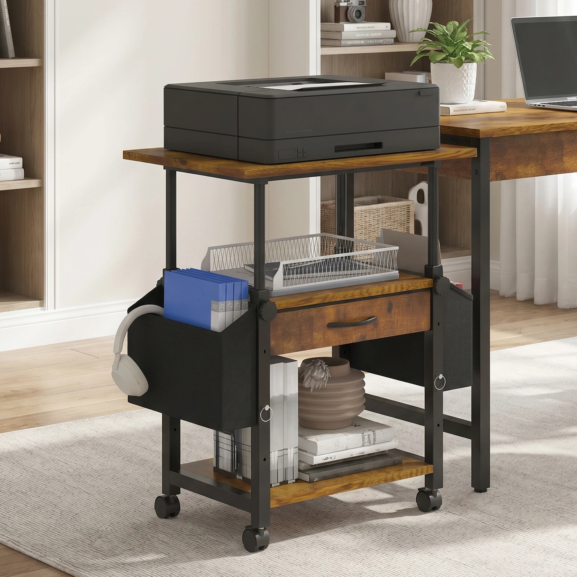 7 Advwin Mobile Printer Stand Height Adjustable with Storage & Wheels - Brown, 7 of 7