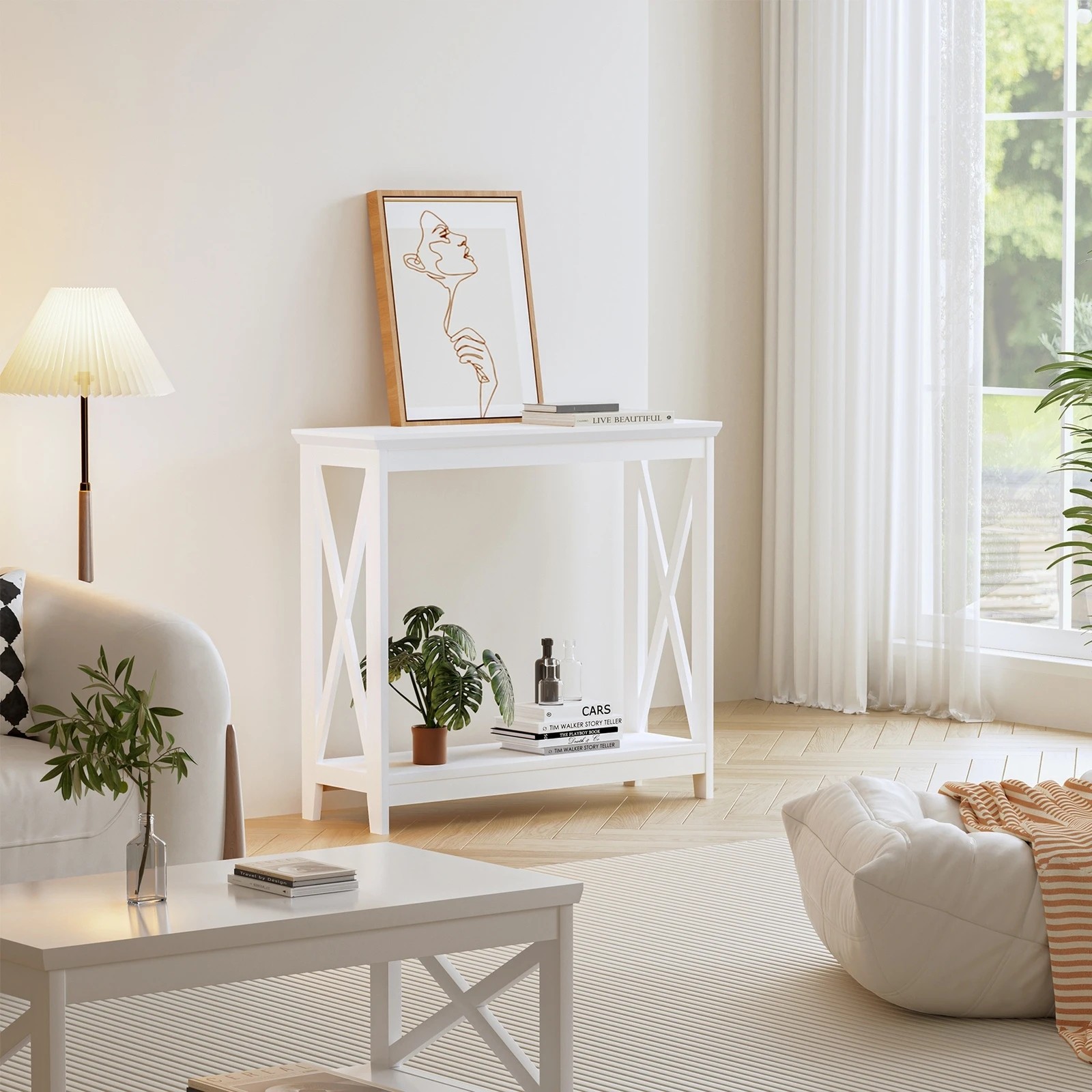7 Oikiture 2-tier Console Table X-design Wood Sofa Table Hall Side Entry
 - White, 7 of 8