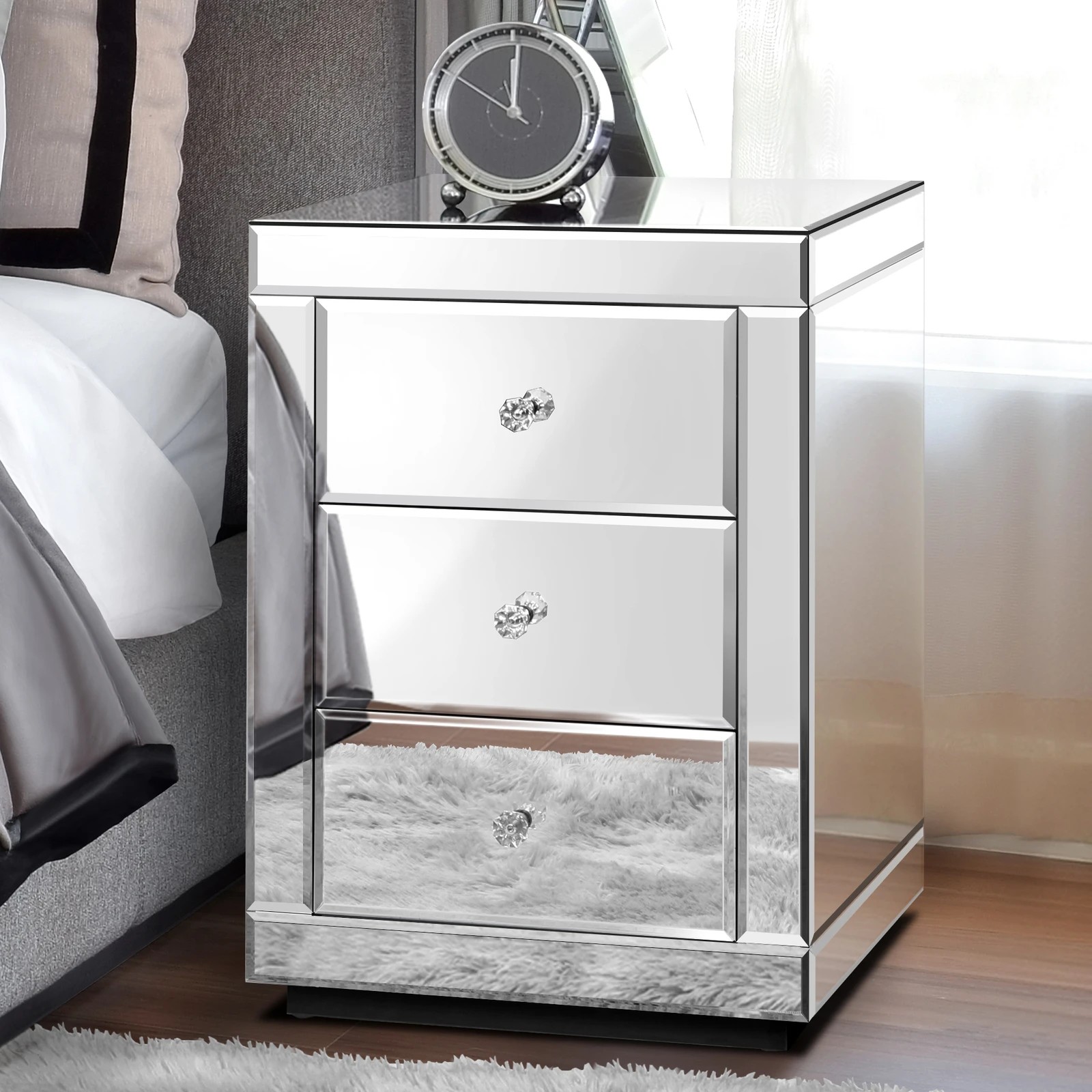 2 Alfordson 2x Mirrored Bedside Table 3 Drawers - Silver, 2 of 10
