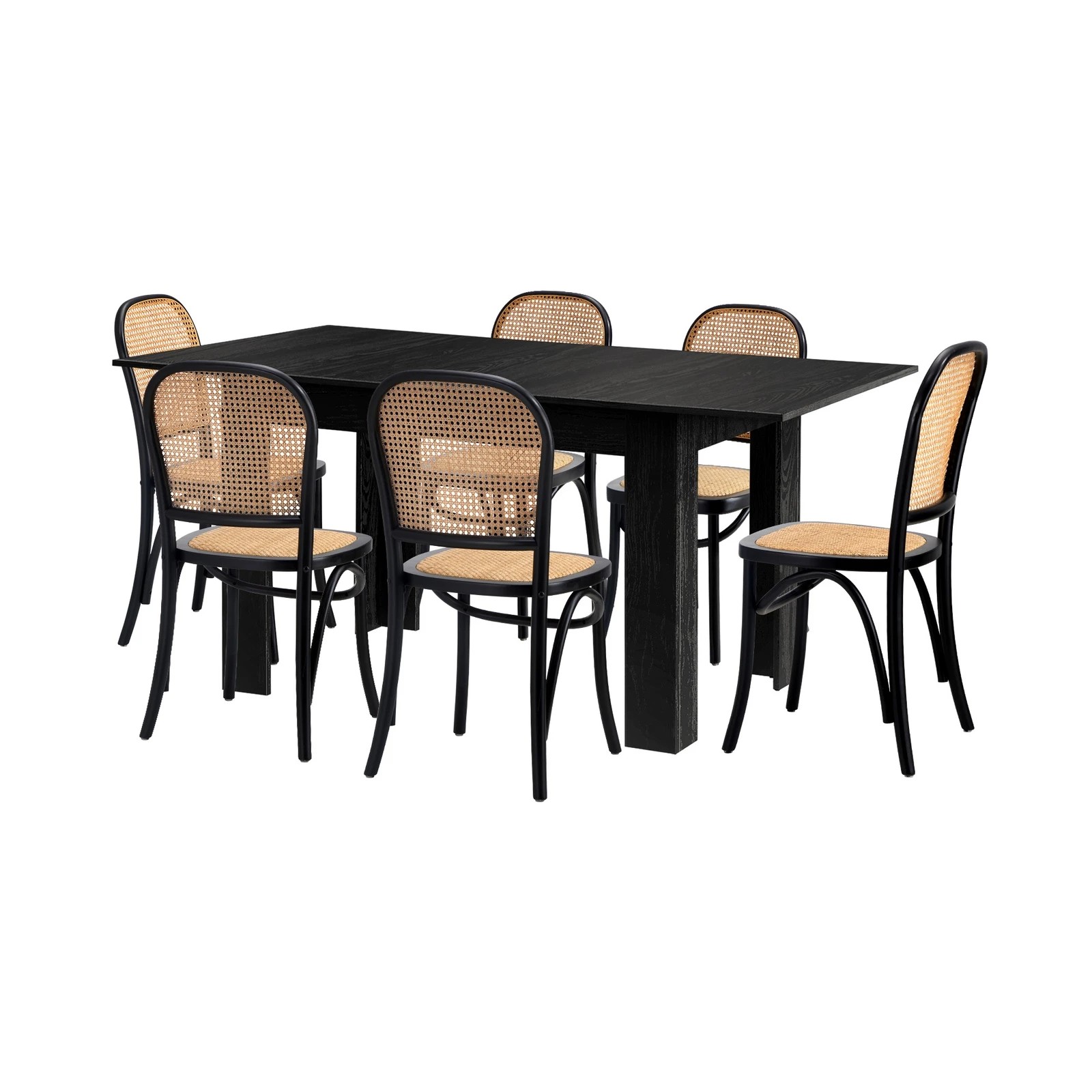 7 Oikiture 160cm Extendable Dining Table with 6PCS Dining Chairs Rattan - Black, 7 of 9
