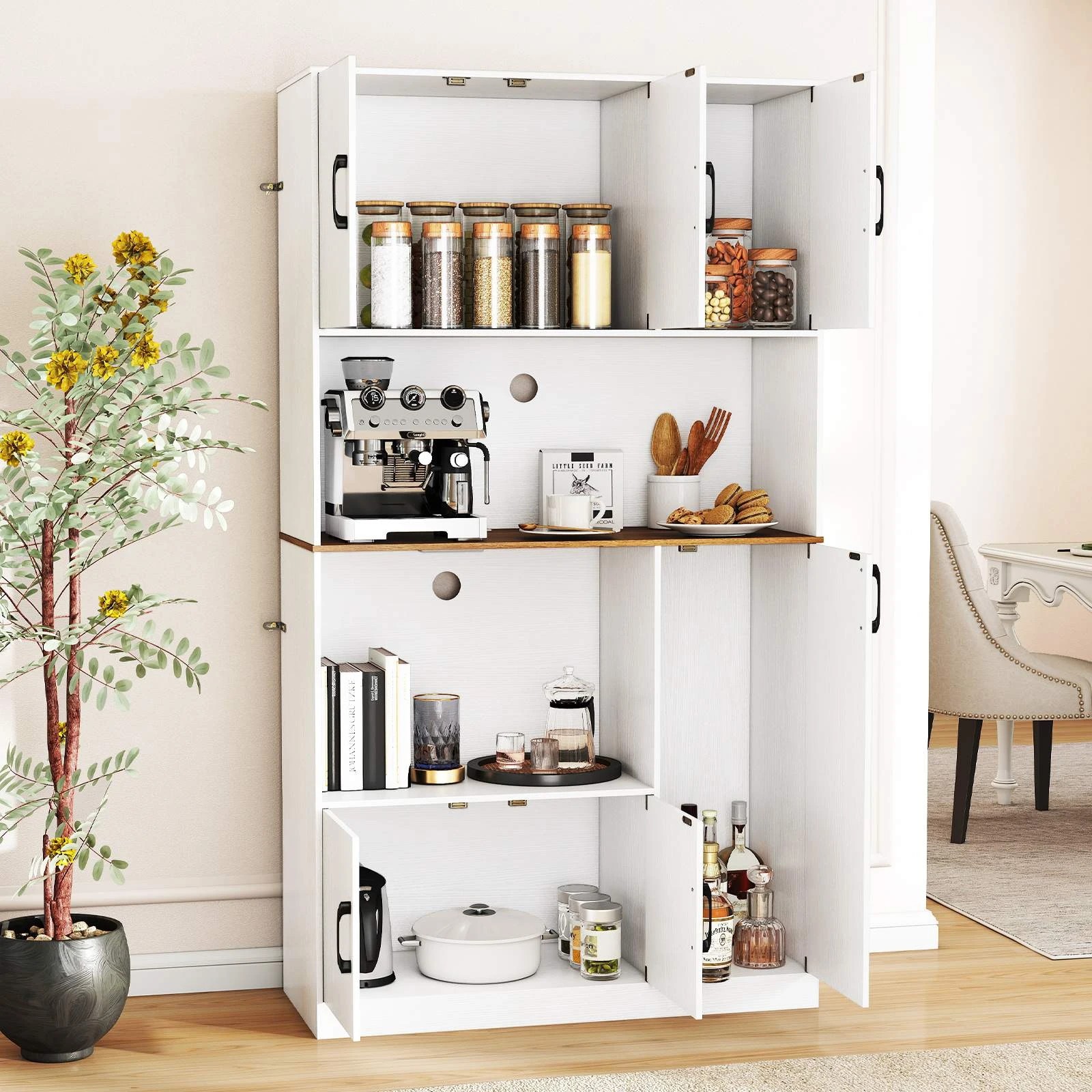 1 Costway 180cm Pantry Cabinet Cupboard Wooden Storage Hutch w/Power Outlet - White, 1 of 2