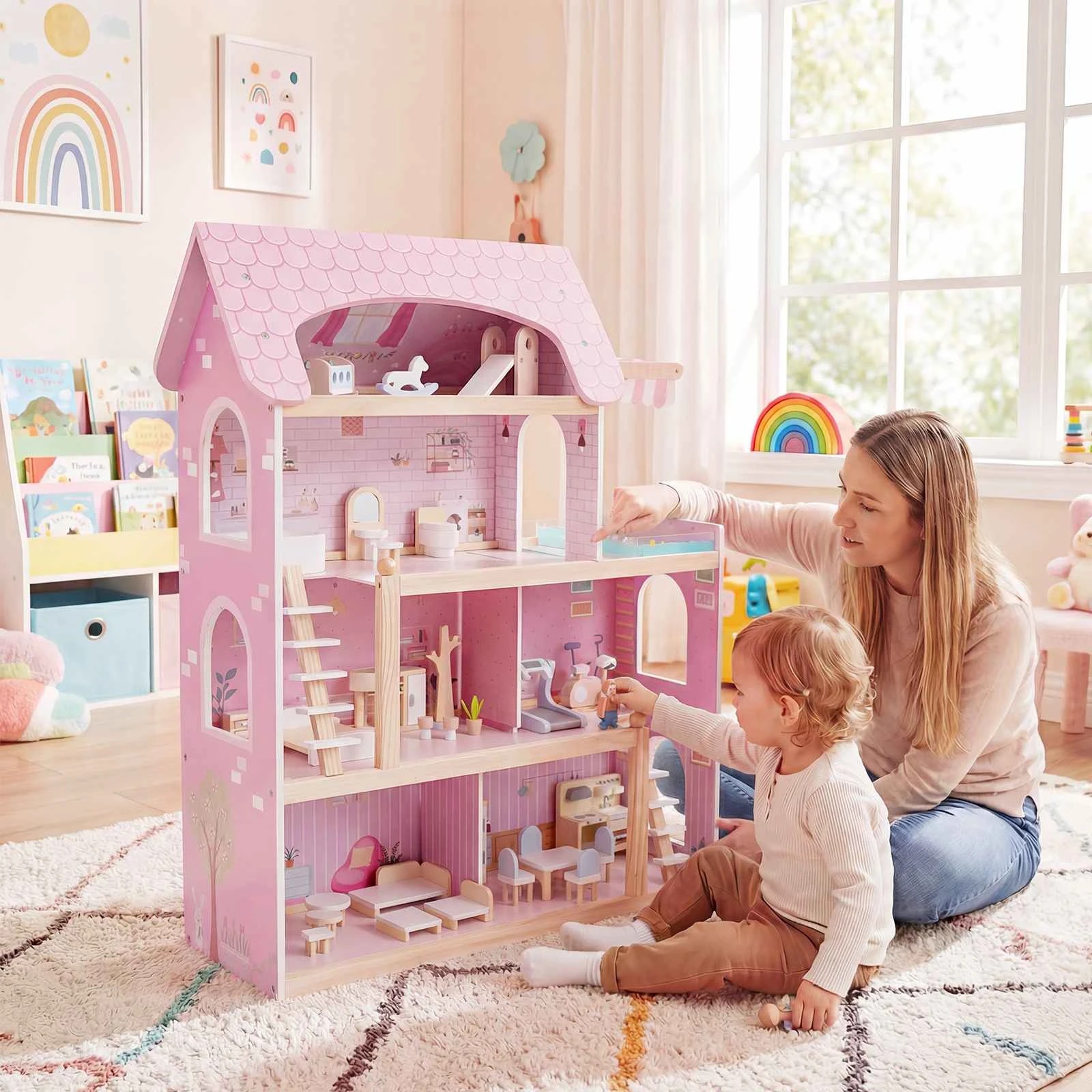 3 Costway Wooden Doll House Dollhouse Playset DIY Pretend Play Toy - Pink, 3 of 3