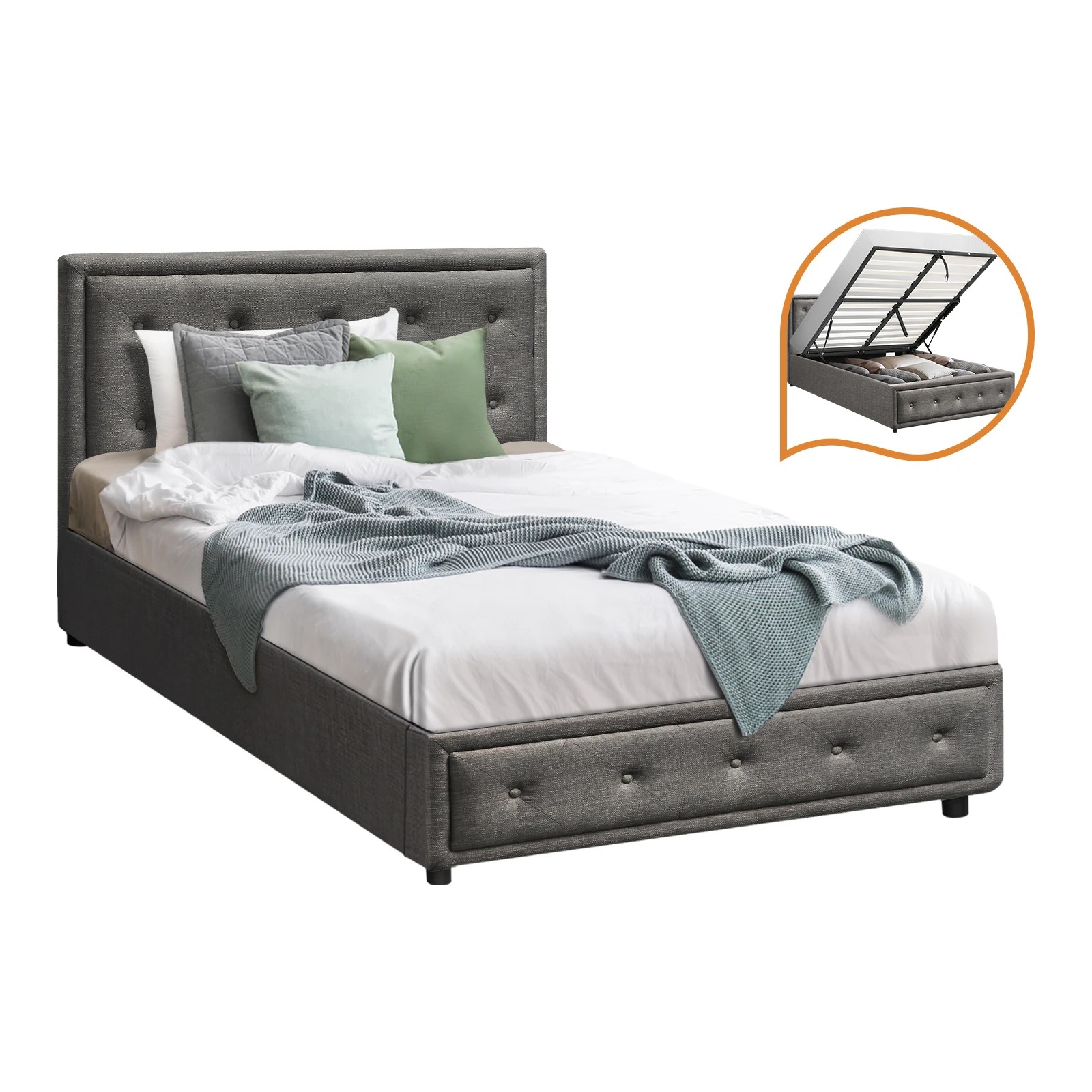 1 Oikiture King Single Bed Frame Gas Lift Base With Storage Enzo
 - Grey, 1 of 10