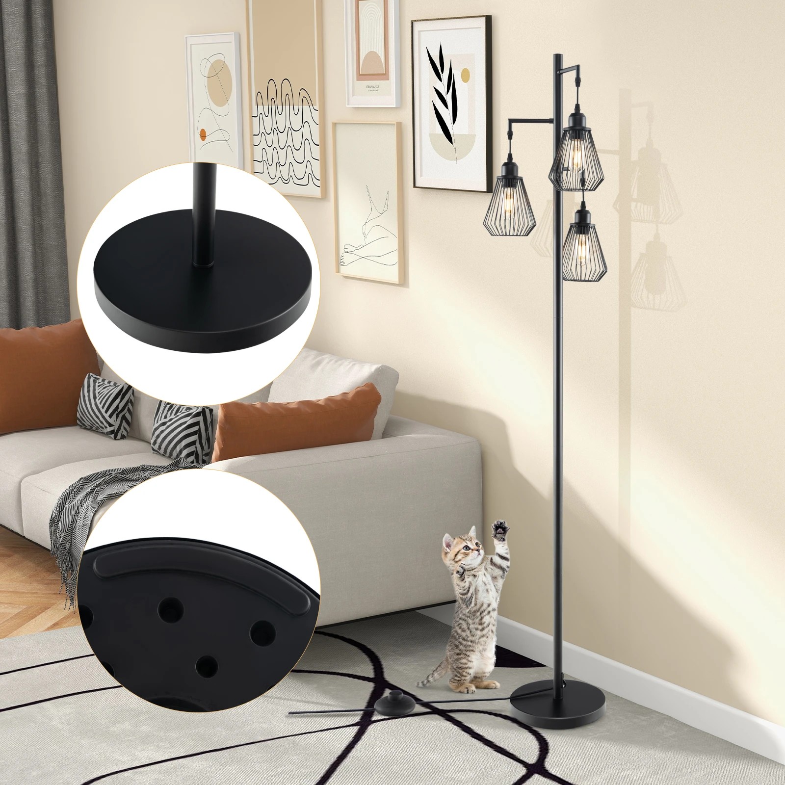 4 Costway 1.7M Tall Floor Lamp w/3 Birdcage Lampshades - Black, 4 of 7