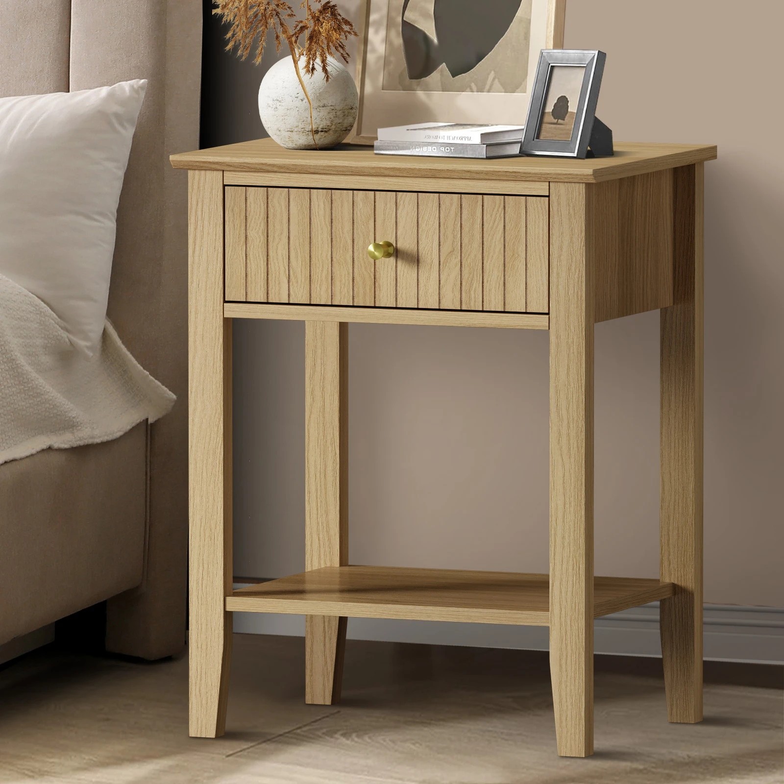 2 Oikiture Bedside Table With Drawer Side End Table Open Shelf Nightstand
 - Natural, 2 of 10