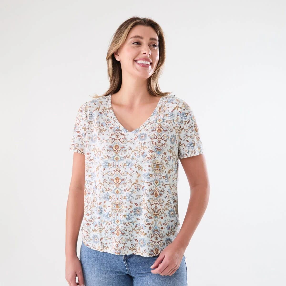 1 Short Sleeve Linen Blend V-Neck T-shirt BOHO FLORAL BRUNI BLUE, 1 of 5
