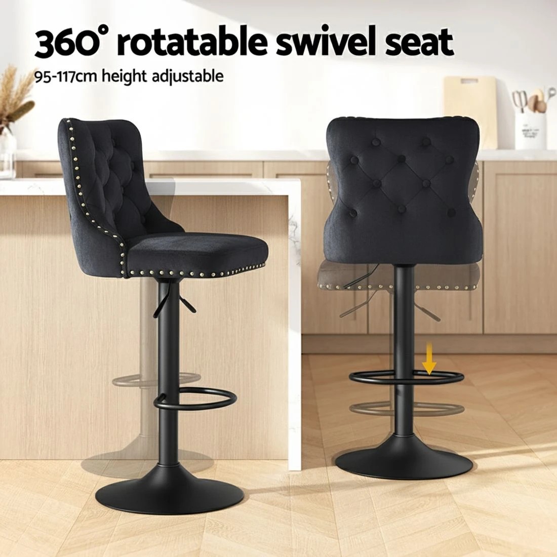 4 Artiss 4x Velvet Bar Stool Adjustable Height Nailhead Trim Kitchen Counter - Black, 4 of 6