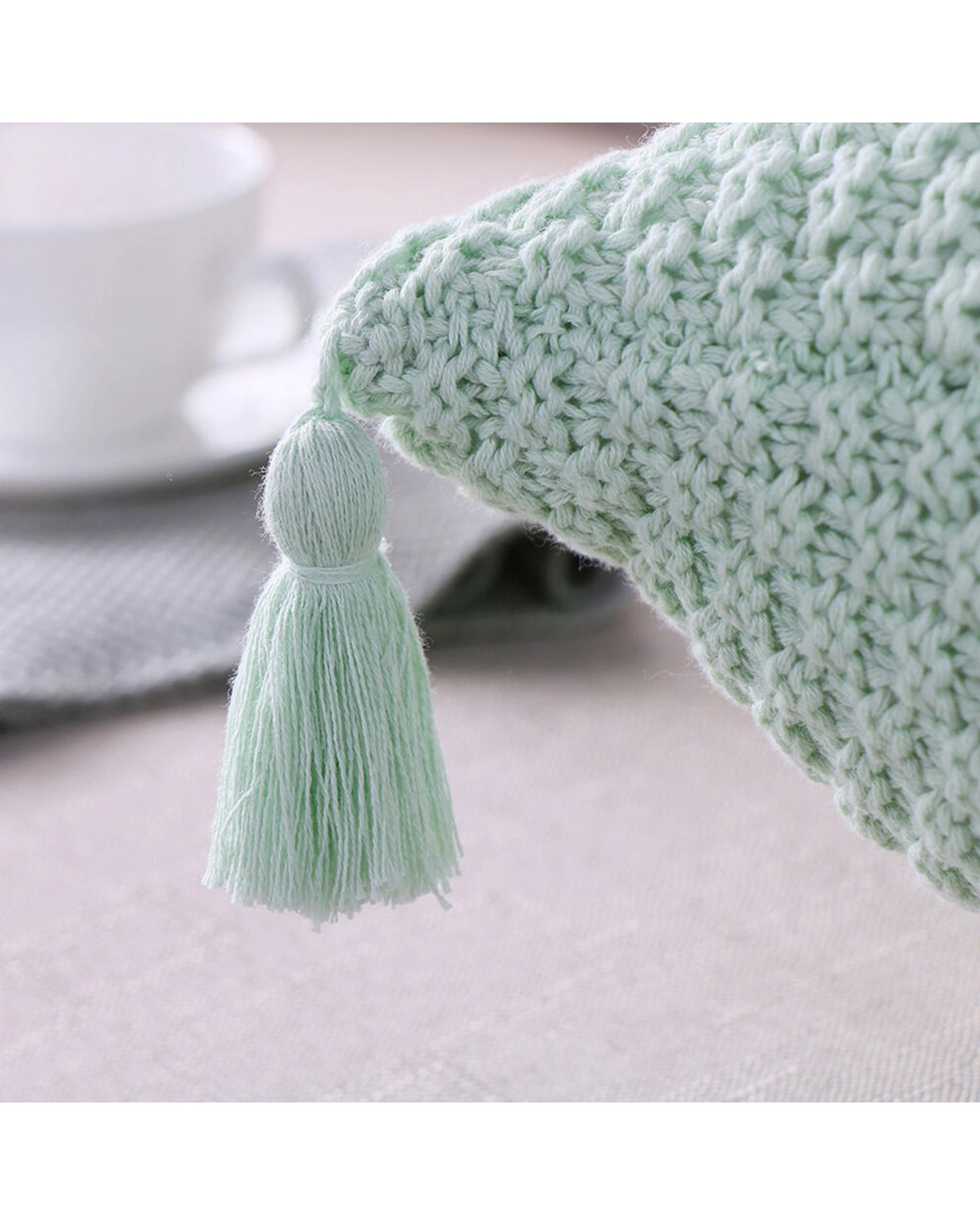 2 Cotton More Premium Cotton Knitted Tassel Cushion Cover 45x45cm Mint - Green, 2 of 3