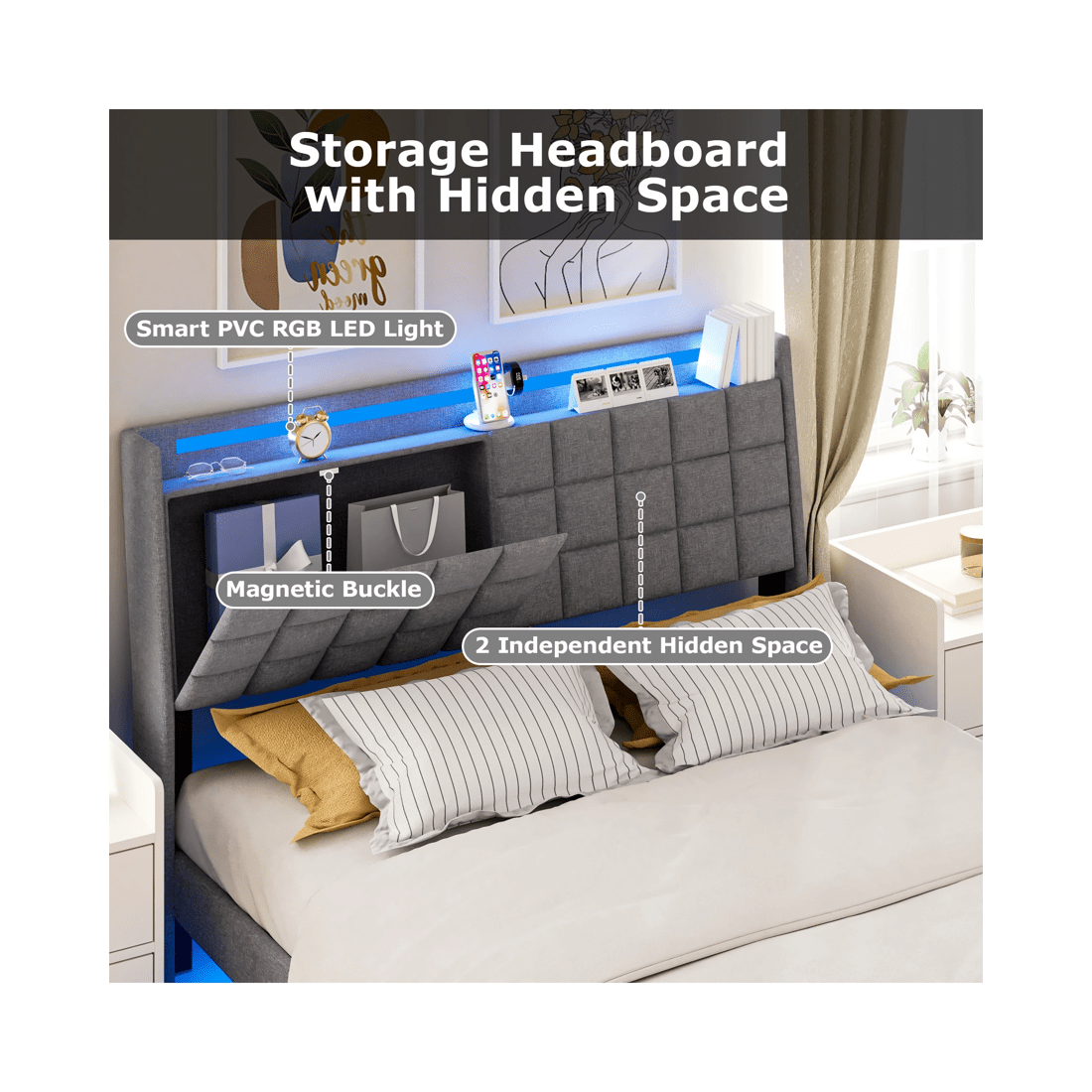 4 Advwin Queen Floating Bed Frame With Led Lights And Storage Headboard Dark Grey, 4 of 9