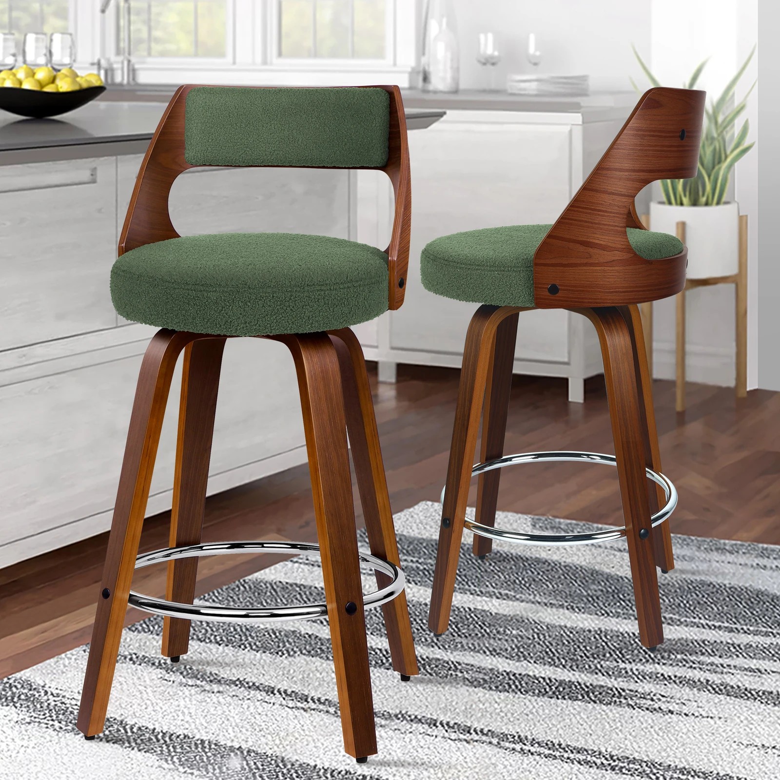 2 Alfordson 2x Swivel Bar Stools 65cm Kitchen Wooden Dining Chair Boucle - Green, 2 of 10
