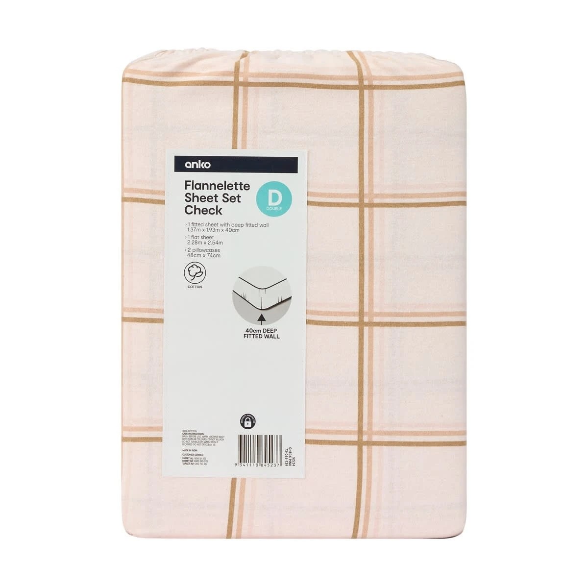 7 Flannelette Cotton Check Sheet Set - Double Bed, Pink, 7 of 7