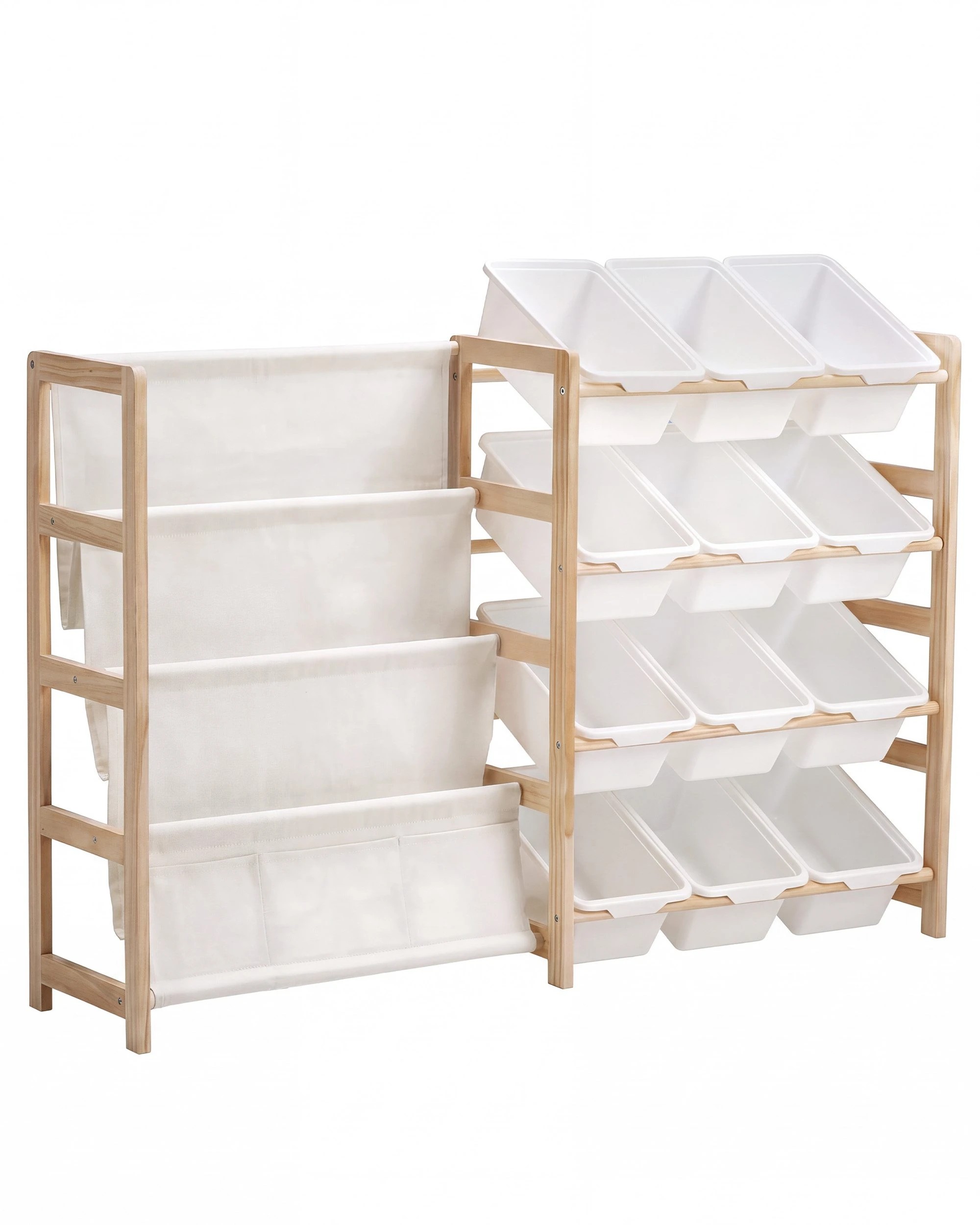 1 Playpals Montessori Toy Storage Organizer with Bookshelf Wooden Kids Book Rack and 12 Toy Bins, 1 of 8