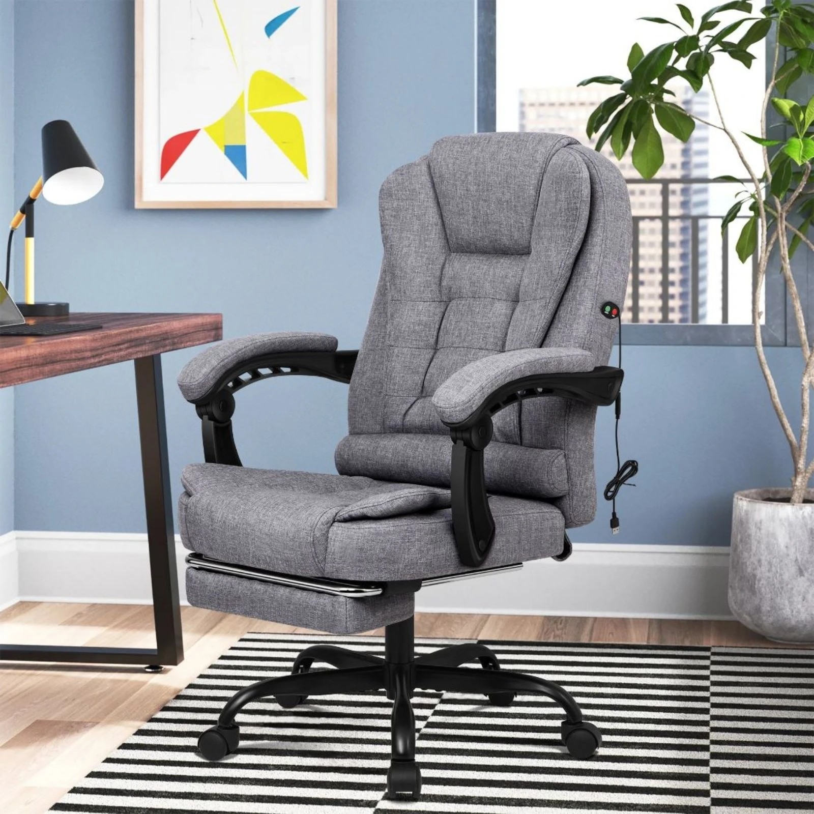 2 Alfordson Massage Office Chair Grey Fabric Footrest Executive Gaming Racing Seat - Grey, 2 of 10