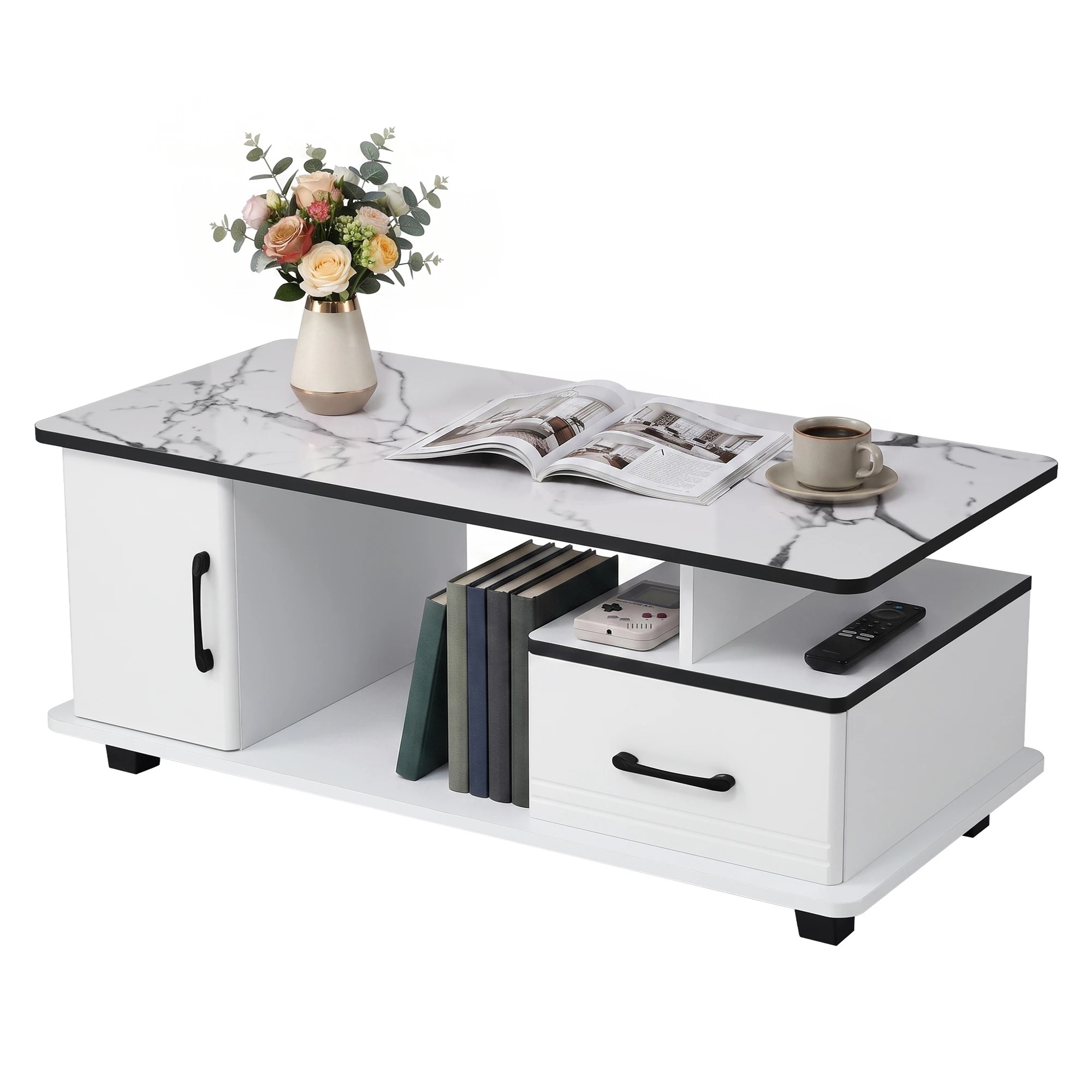 1 Artiss Table Marble Finish Center Table with Storage Drawer Cabinet Wood - White, 1 of 7