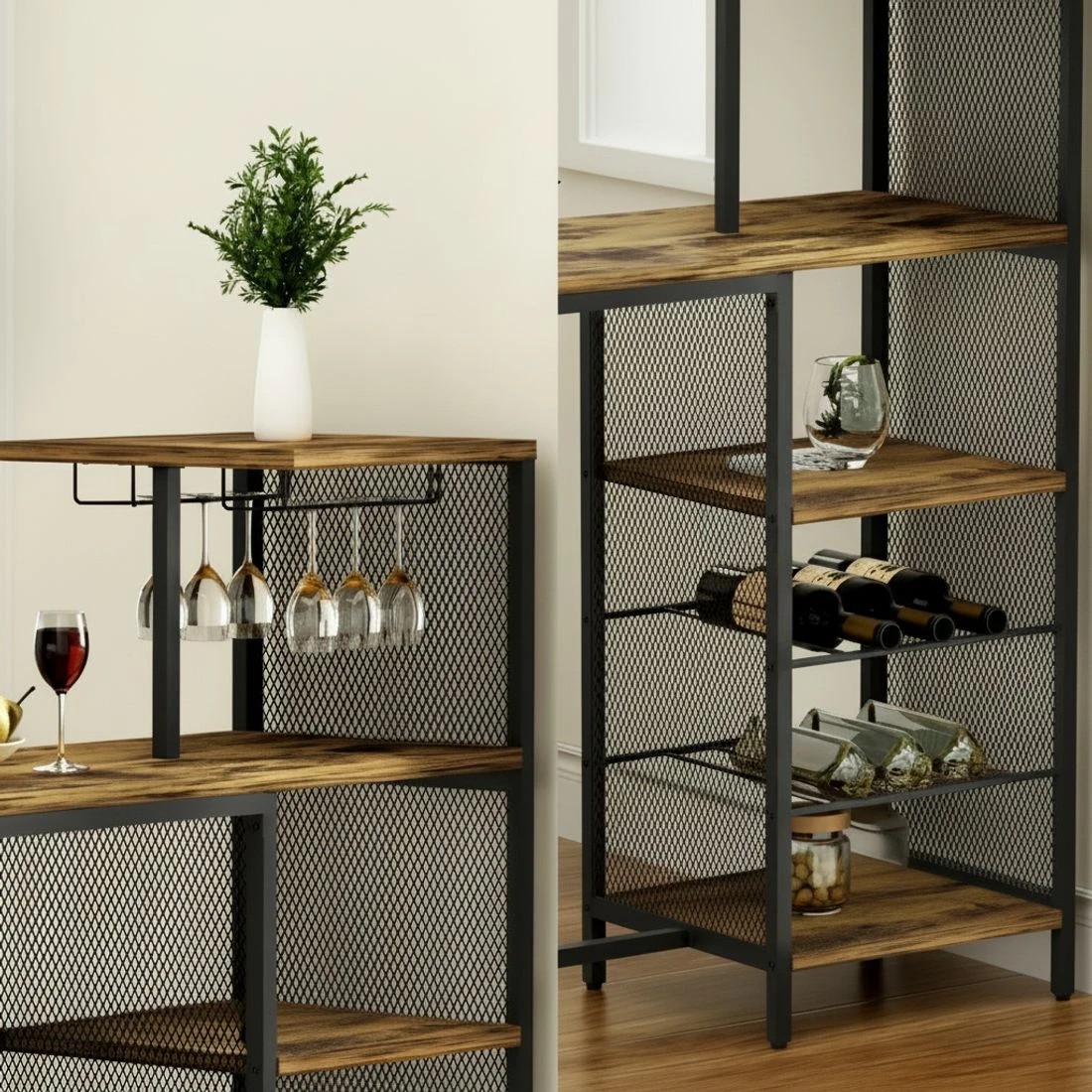 7 Artiss Industrial Bar Table Wine Rack Cup Holders Durable Storage Steel Metal Frame 122cm Compact Hub - brown, 7 of 8