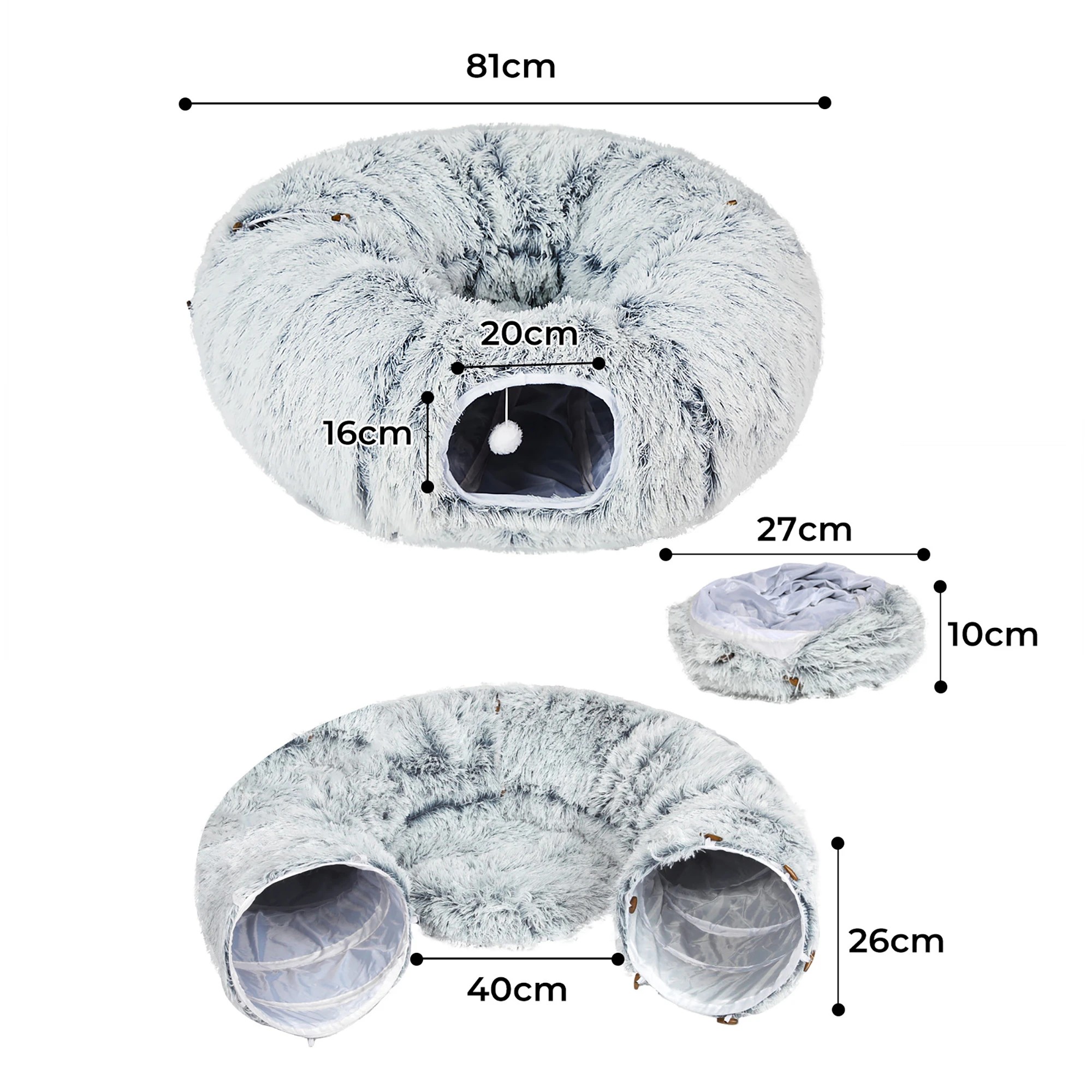 3 Pawz Cat Tunnel Soft Mat Foldable Funny Exercise Plush Kitten Play Tube Grey, 3 of 8