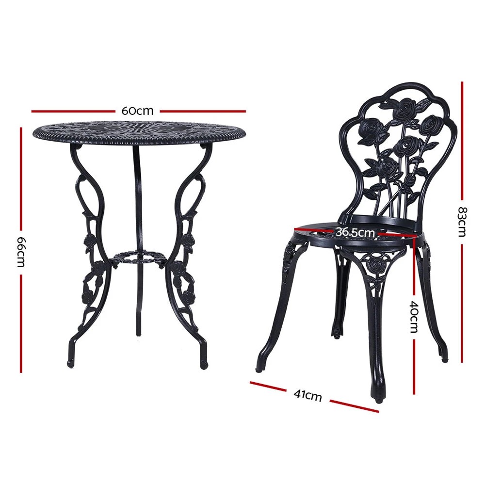 2 Gardeon 3PC Outdoor Setting Bistro Set Chairs Table Cast Aluminum Rose - Black, 2 of 6