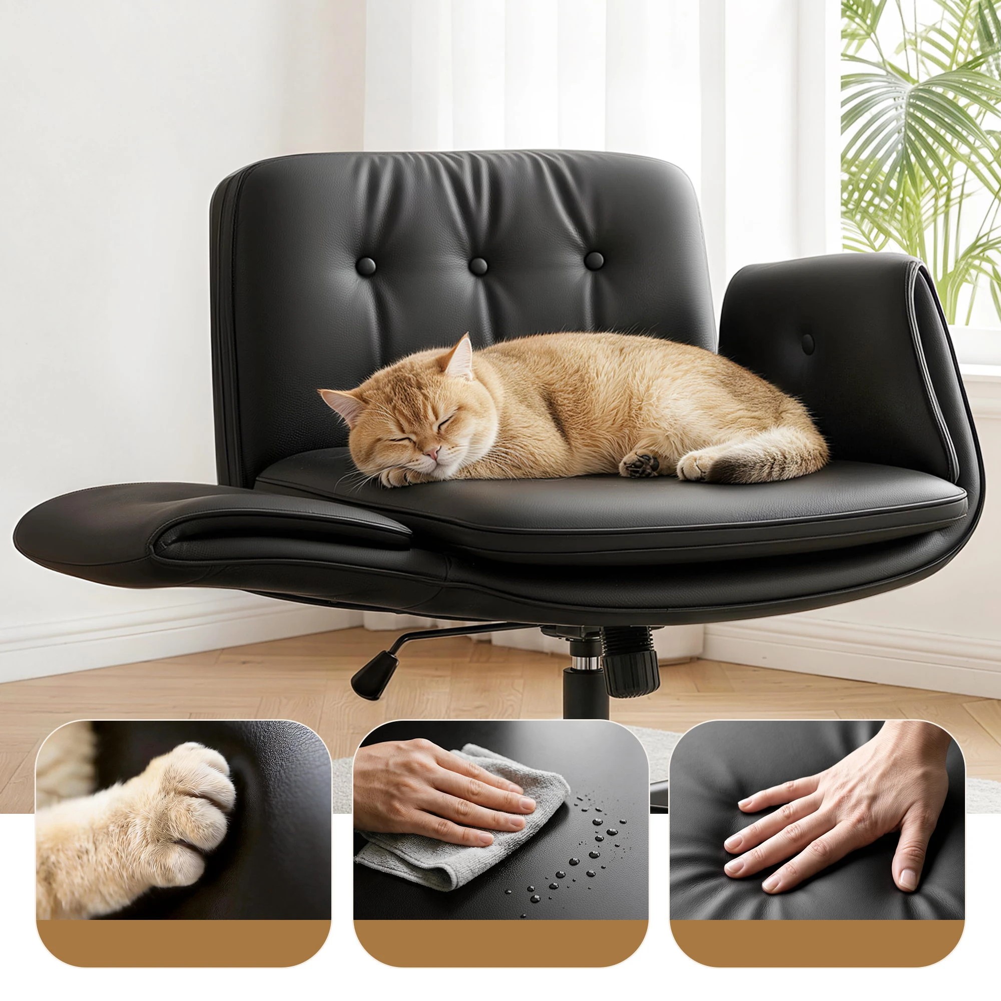 8 Artiss Criss Cross Legged Office Chair PU with Wheels & Adjustable Armrests - Black, 8 of 10