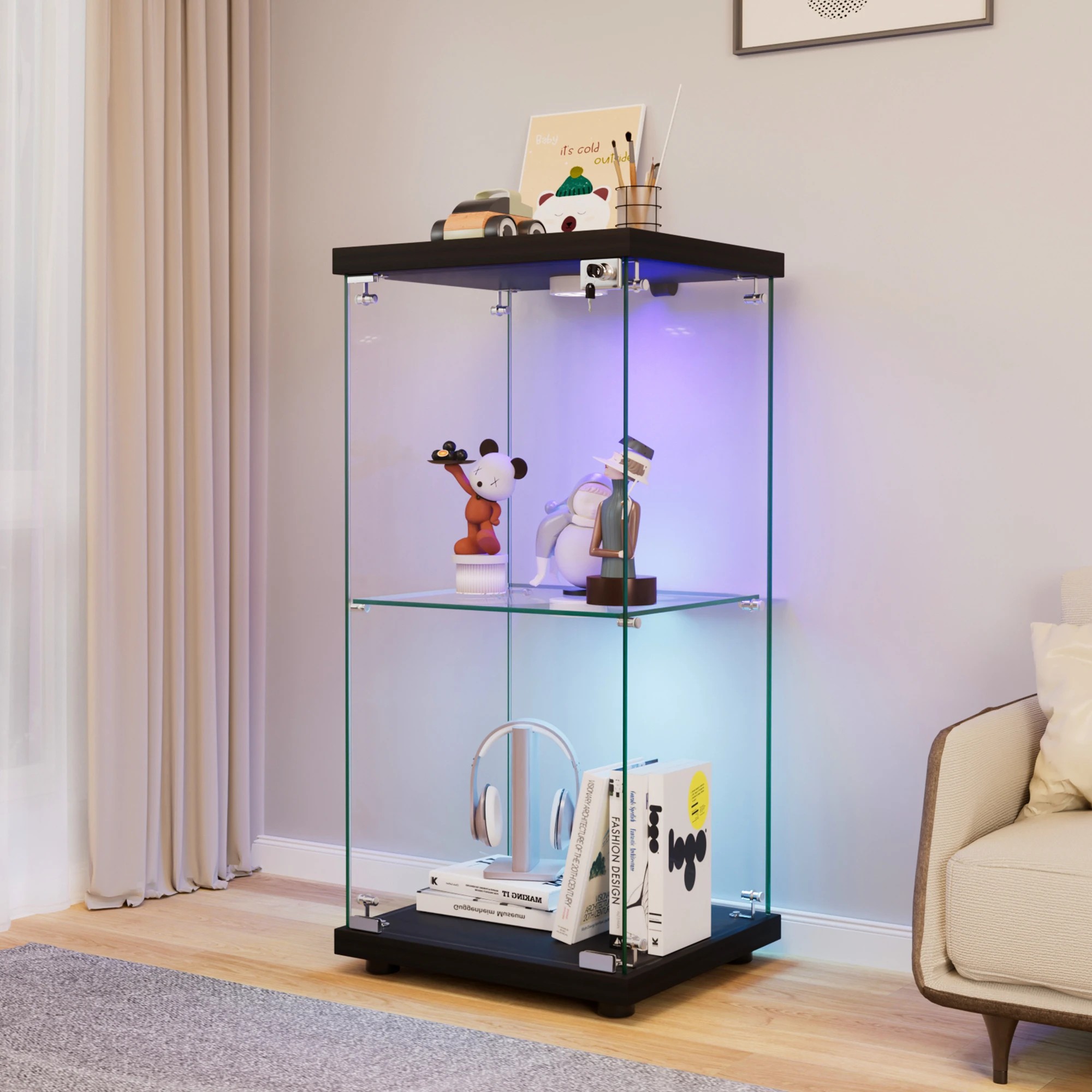 7 Stacked Display Cabinet 2-Tier Glass Door with LED lights - Black, 7 of 9