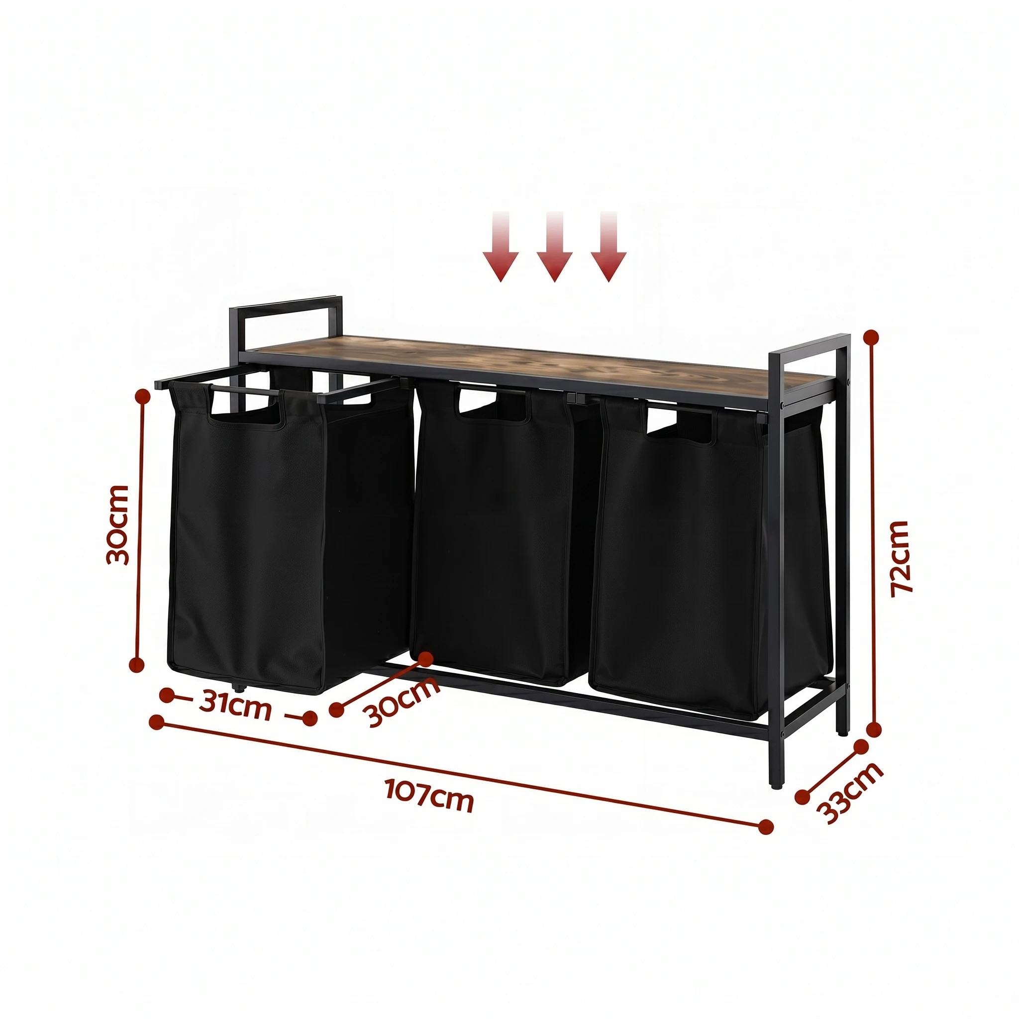 3 Artiss Laundry Basket with 3x45L Pull-out Removable Bags Metal Frame - Black, 3 of 9