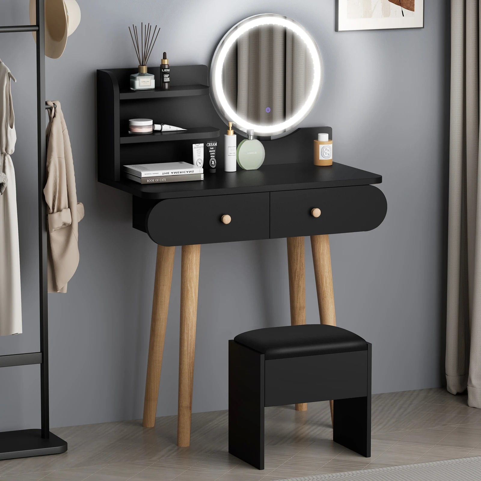 2 Alfordson Dressing Table Stool Set Makeup Mirror Vanity LED Light - Black, 2 of 10