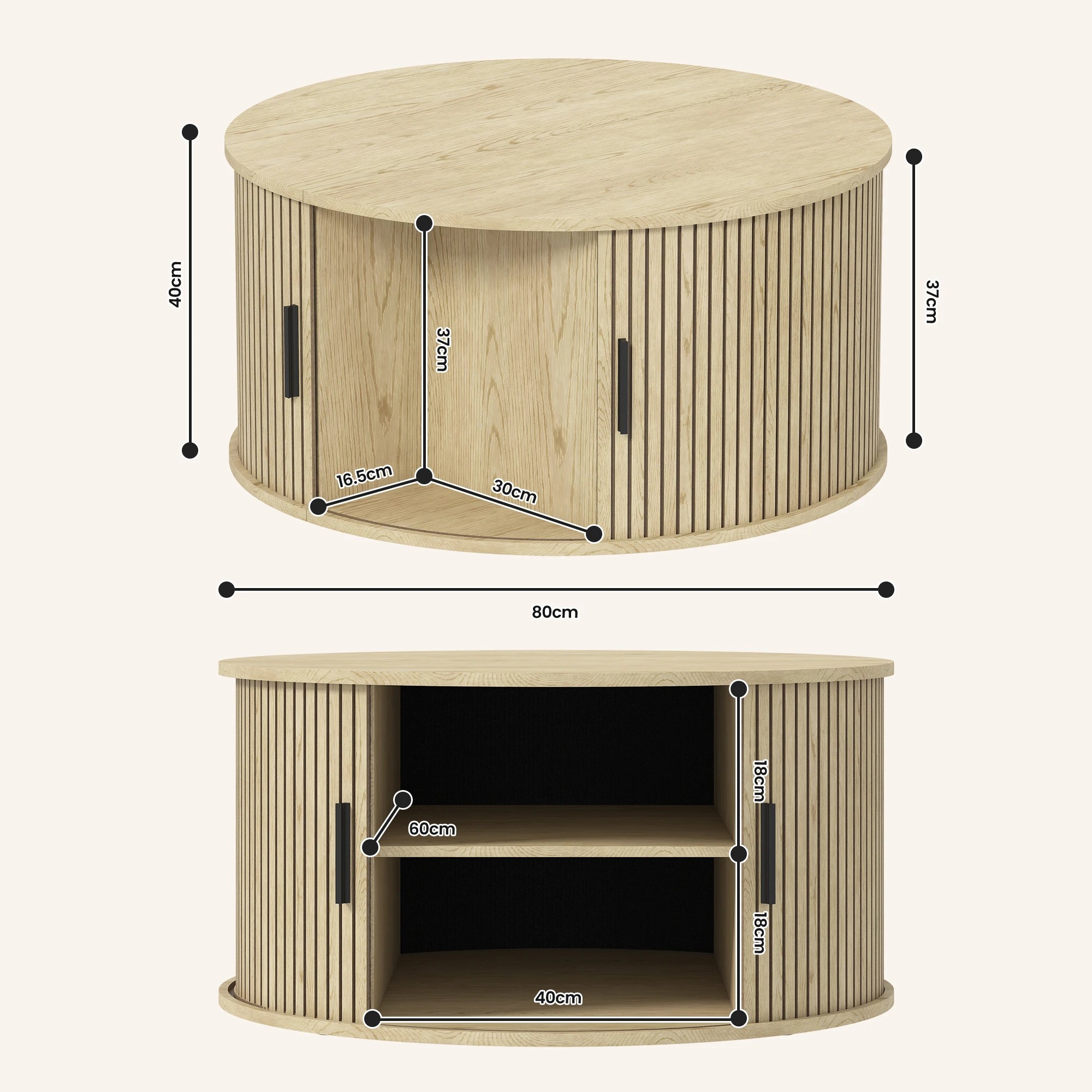 2 Advwin Round Coffee Table with Sliding Door 80cm Mid Century Fluted Tambour Door Design Center Table - Natural, 2 of 7