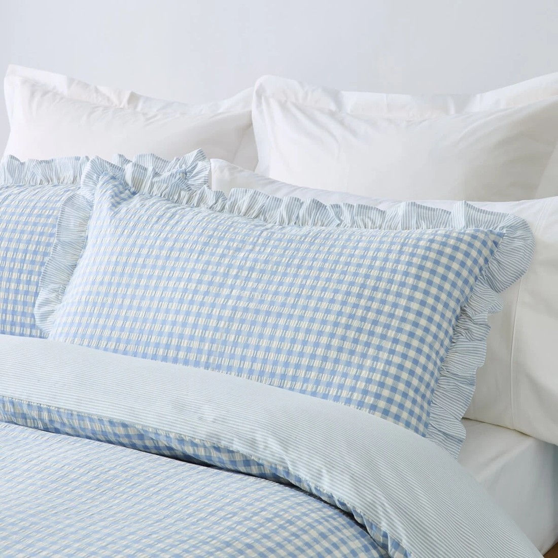 4 Gingham Ruffle Reversible Cotton Quilt Cover Set - King Bed, Blue, 4 of 8