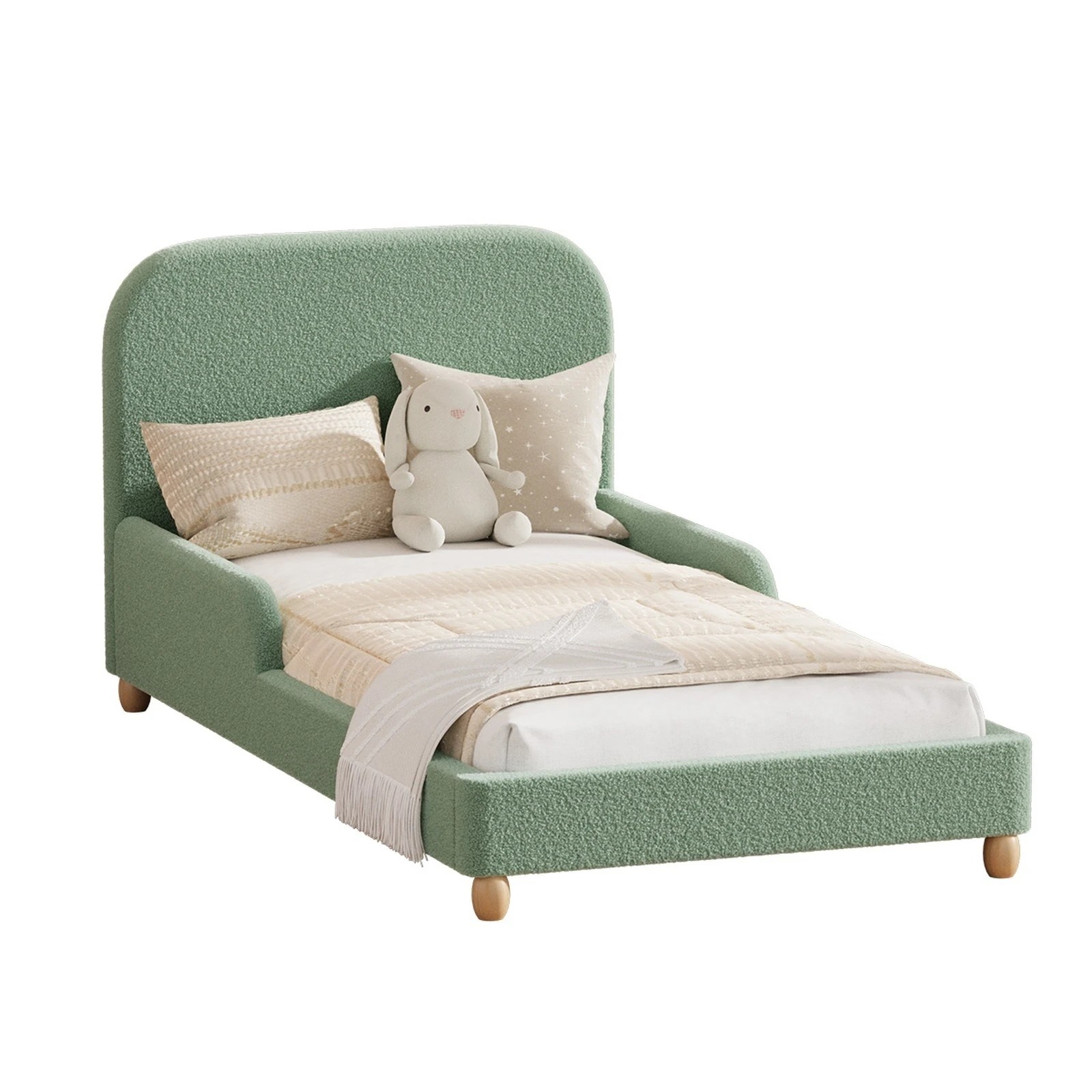 1 Oikiture Kids Bed Frame Single Size Base with Side Guard Rails Boucle - Green, 1 of 7