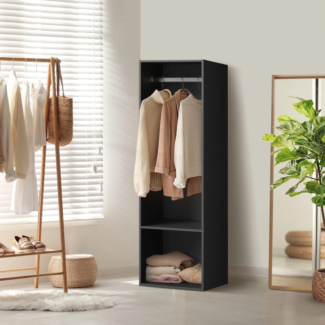 2 Oikiture Open Wardrobe Shelf Unit Clothes Storage 2 Shelves Hanging Rail
 - Black, 2 of 10