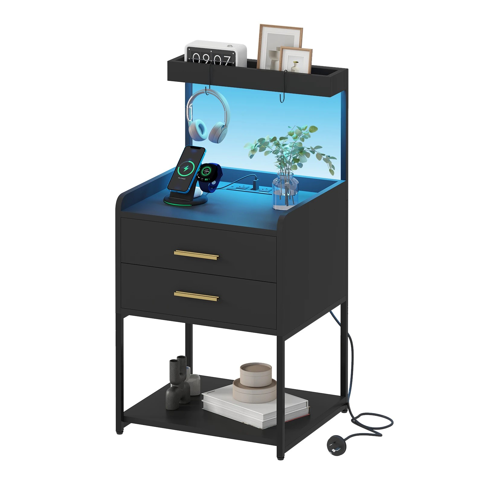 1 Advwin Bedside Table with Charging Station Led Lights 2 Drawers Open Shelves - Black, 1 of 7