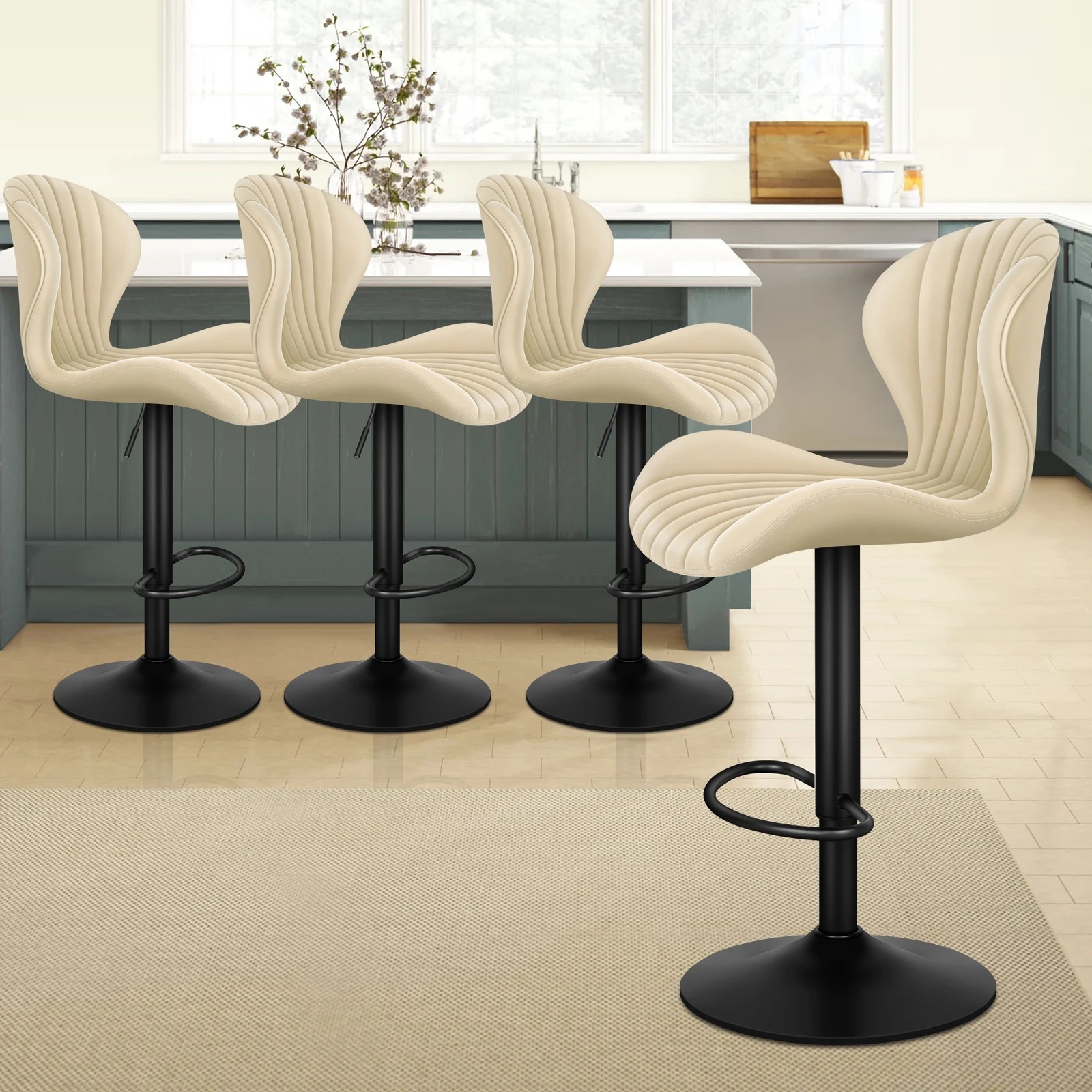 9 Alfordson 4x Bar Stools Gas Lift Air Leather Bar Chairs Kitchen Swivel - Beige, 9 of 10