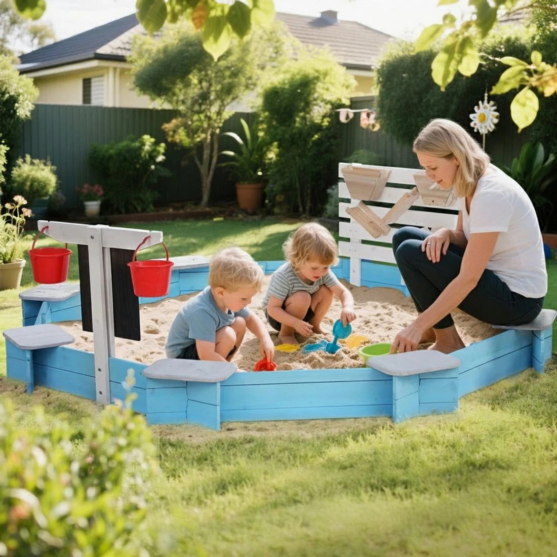 7 Keezi Kids Sandpit en Round Sand Pit Funnel Bench Seat Beach Toys 215cm - Natural, 7 of 7