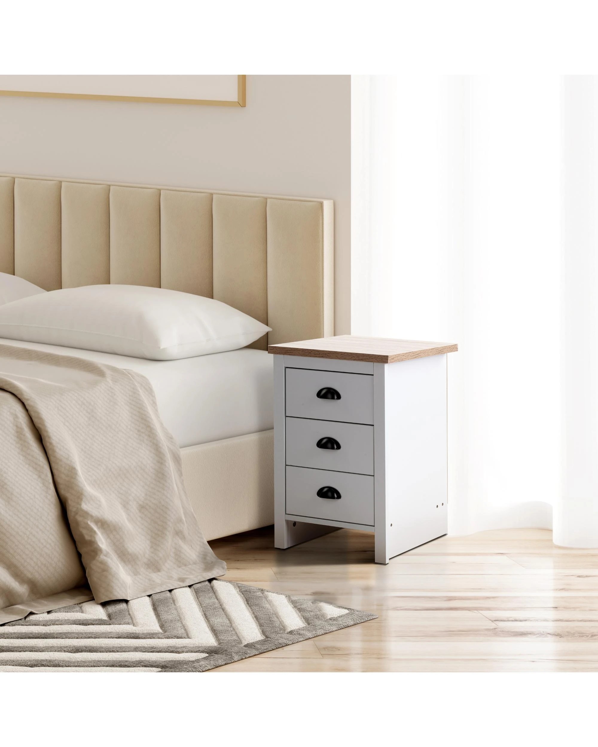 2 Kodu Bedside Table 3 Drawer Side Table Nightstand 3 Drawers White and Oak, 2 of 9