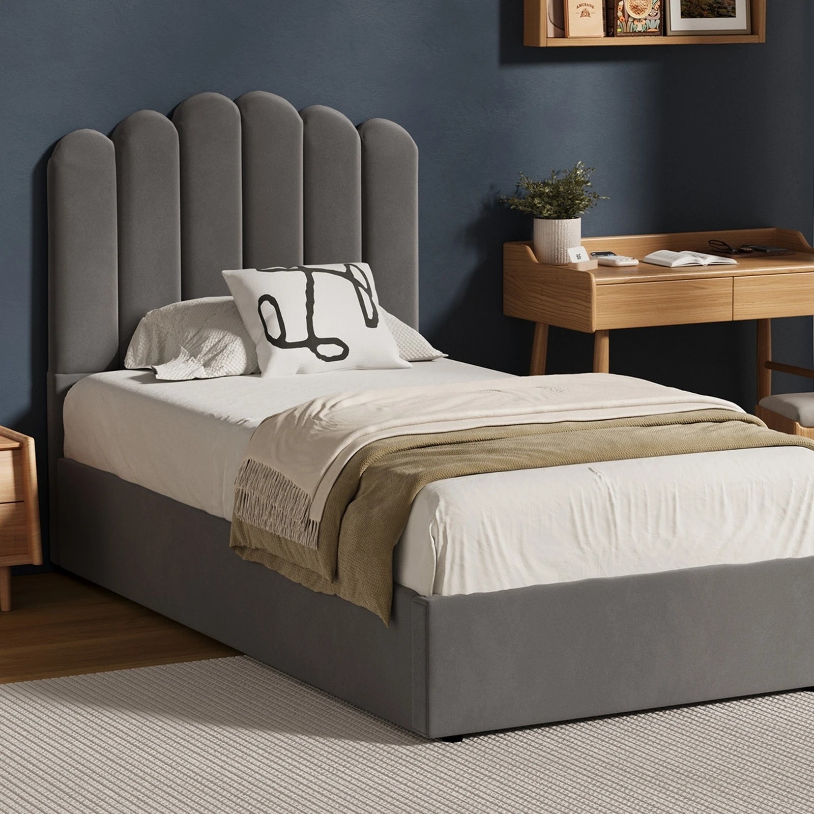 4 Oikiture Bed Frame King Single Size Gas Lift Bed Base With Storage Velvet KLON - Grey, 4 of 9
