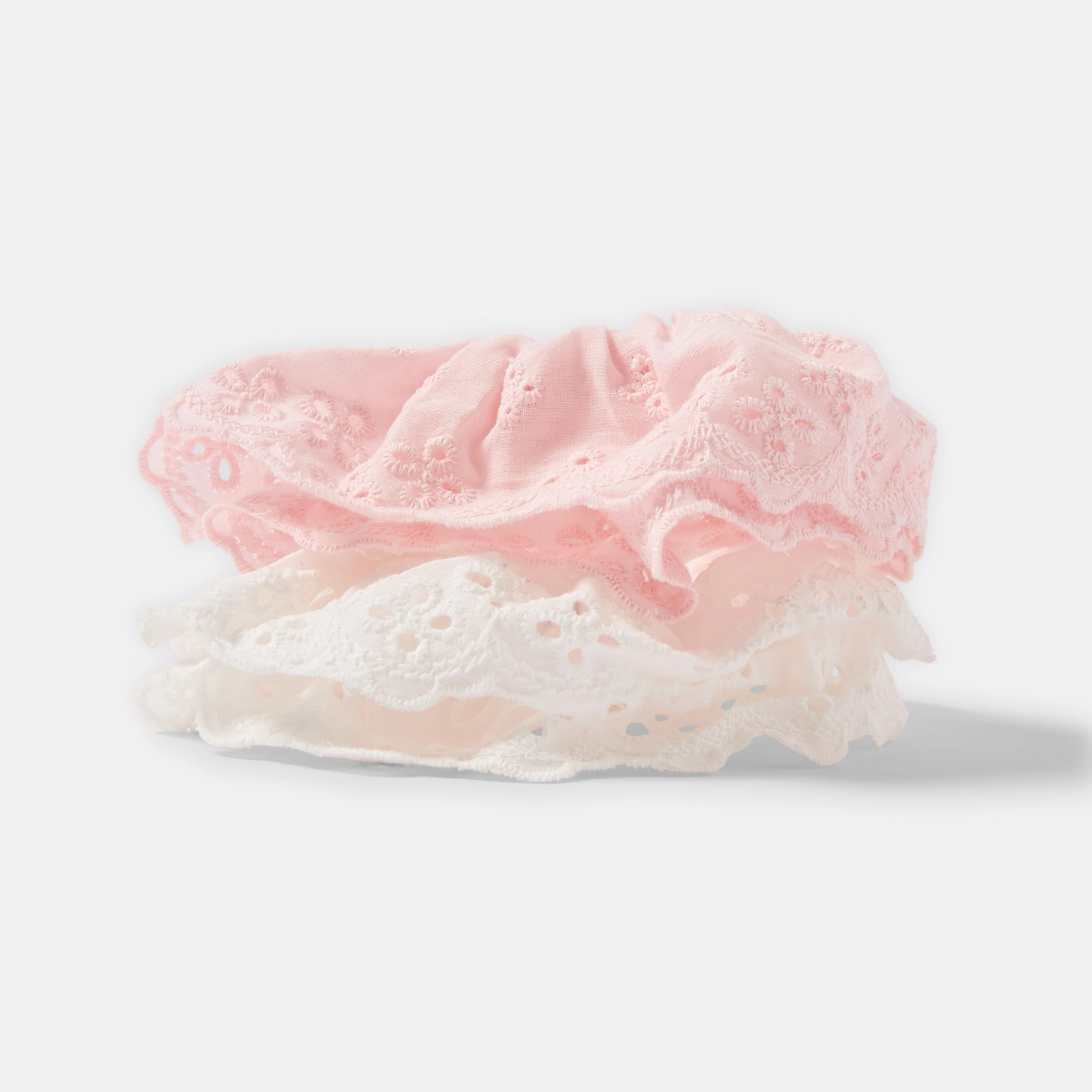 1 2 Pack Broderie Hair Scrunchies - White and Pink, 1 of 3