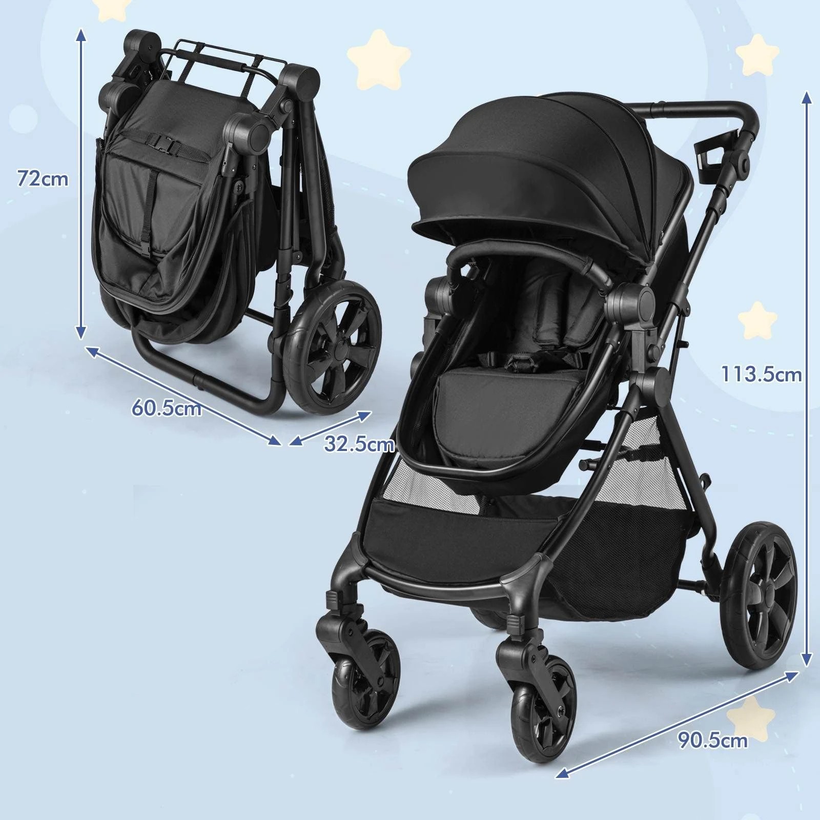 2 Costway Convertible Pram Folding Stroller - Black, 2 of 6
