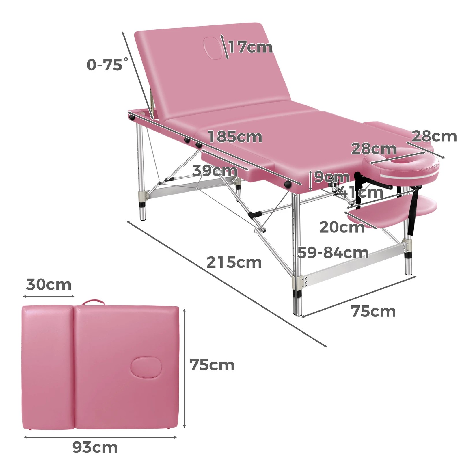 4 Alfordson Massage Table 3 Fold 75cm Foldable Portable Aluminium Lift Up Bed Desk - Pink, 4 of 4