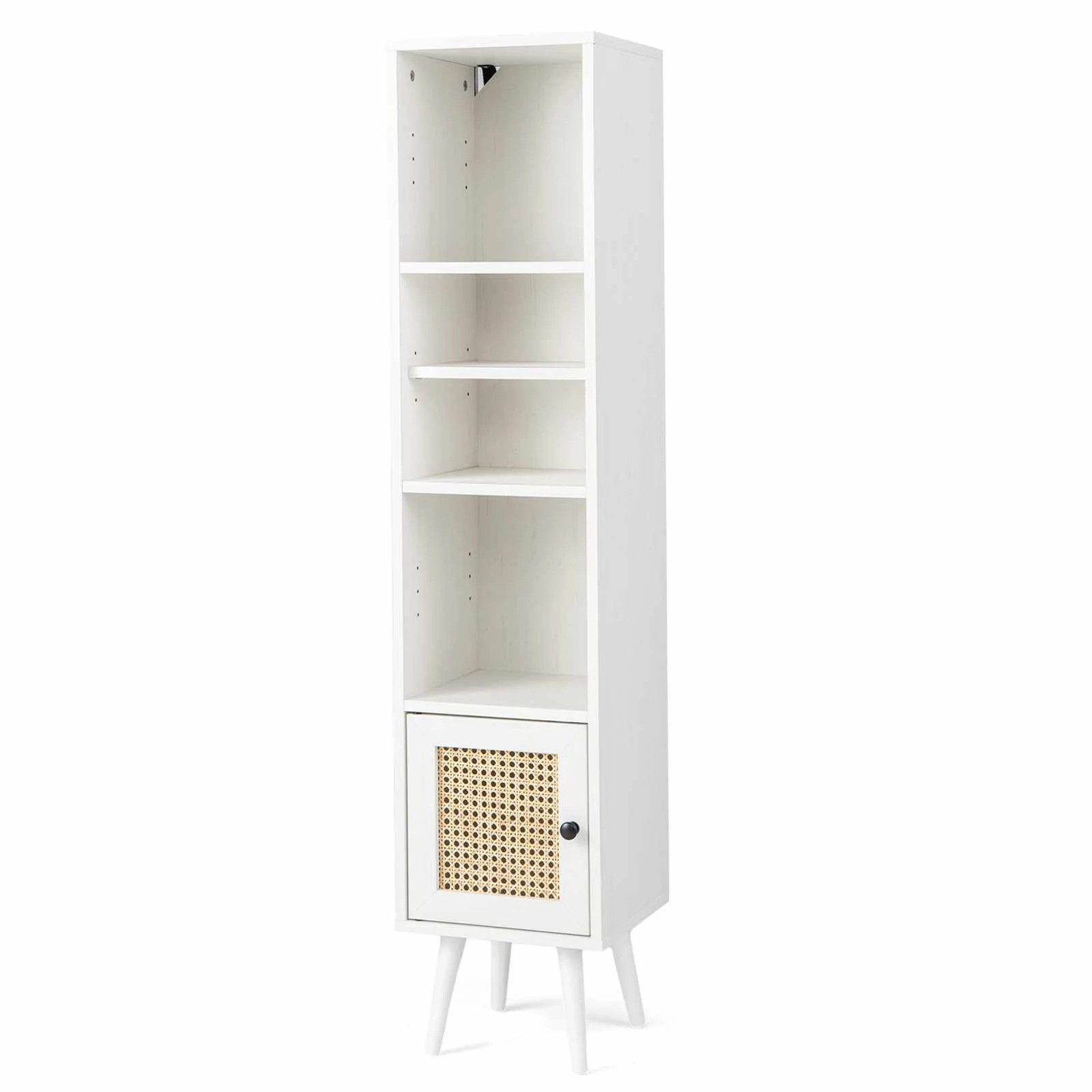 1 Costway Slim Rattan Bookshelf Storage Cabinet Bookshelf w/Adjustable Shelf Display Cupboard - White, 1 of 4