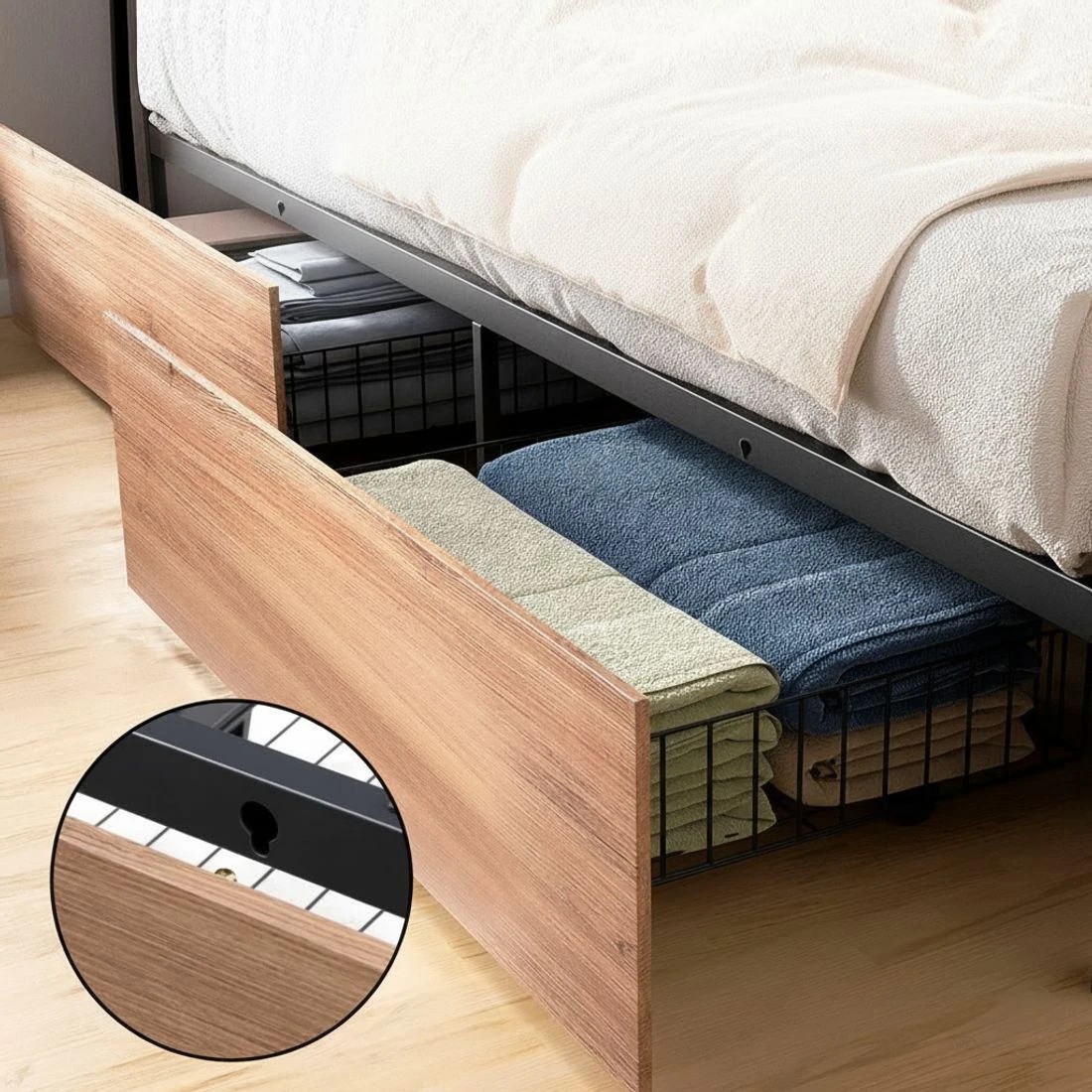 7 Artiss Metal Bed Frame Queen Size LED Storage Headboard USB Charge 4 Drawers - Black, 7 of 7