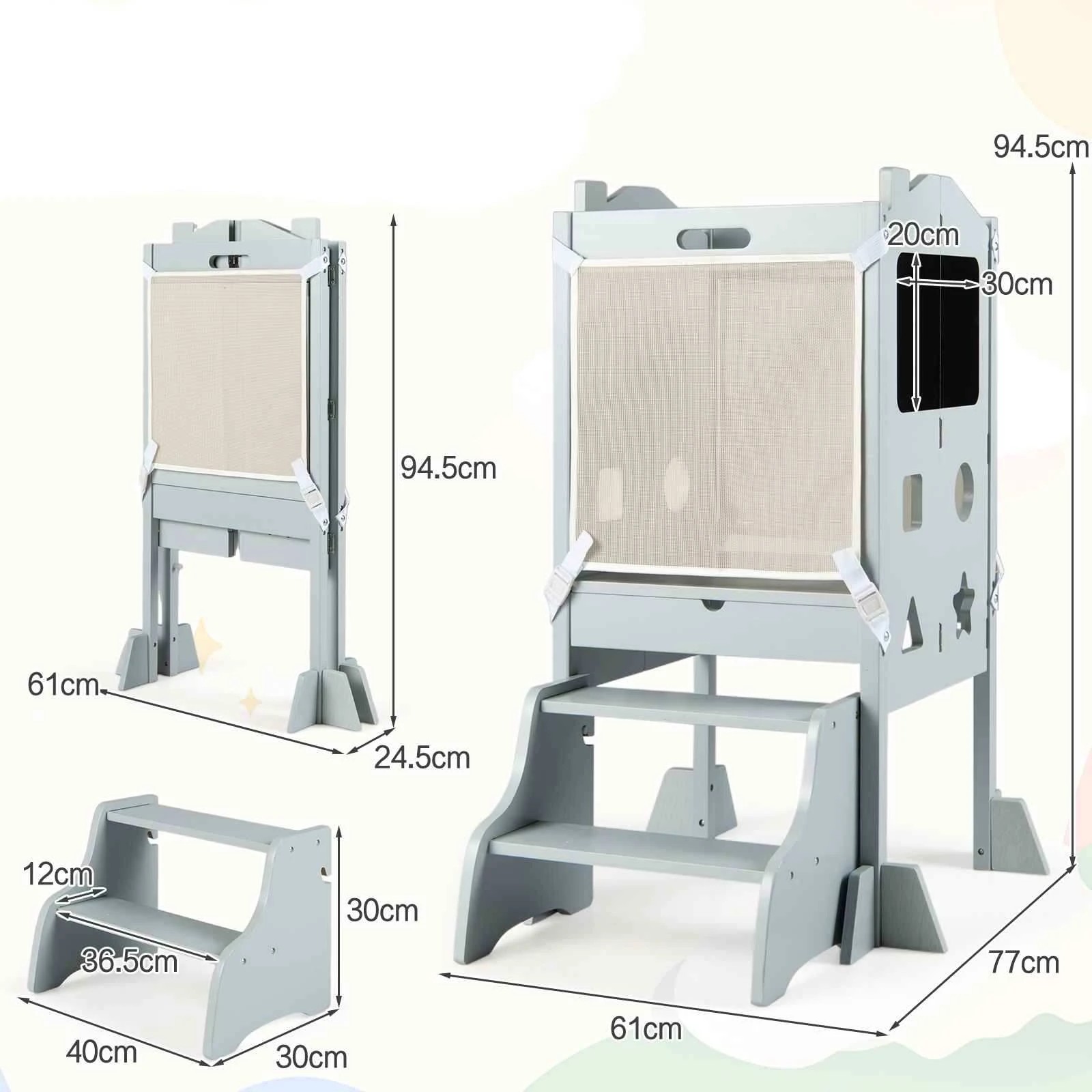 2 Costway Foldable Tower 3 Mode Step Stool Wood Standing Kitchen Tower - Grey, 2 of 2