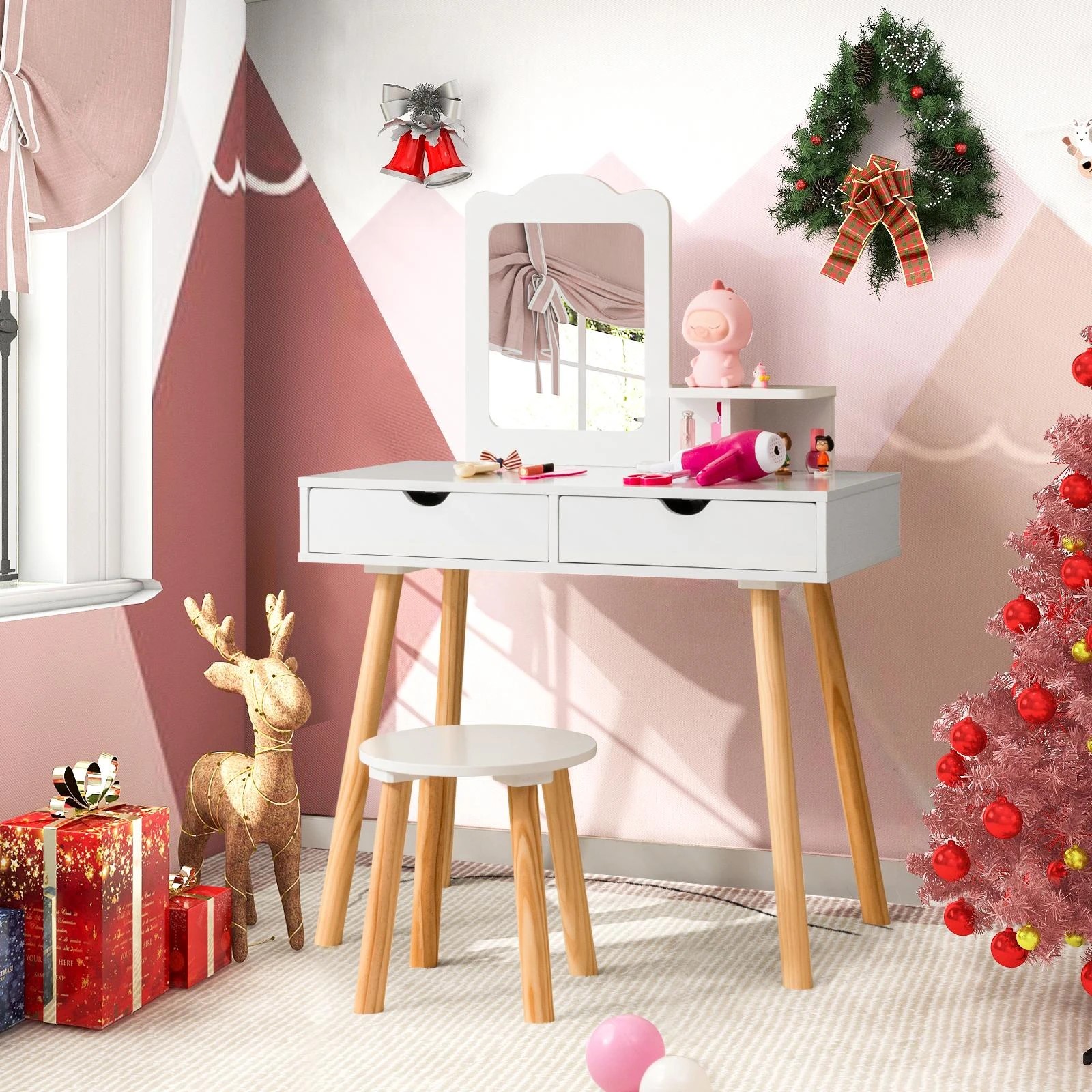 2 Costway Vanity Table Dressing Table Chair Set Princess Pretend Playset w/Mirror - White, 2 of 2
