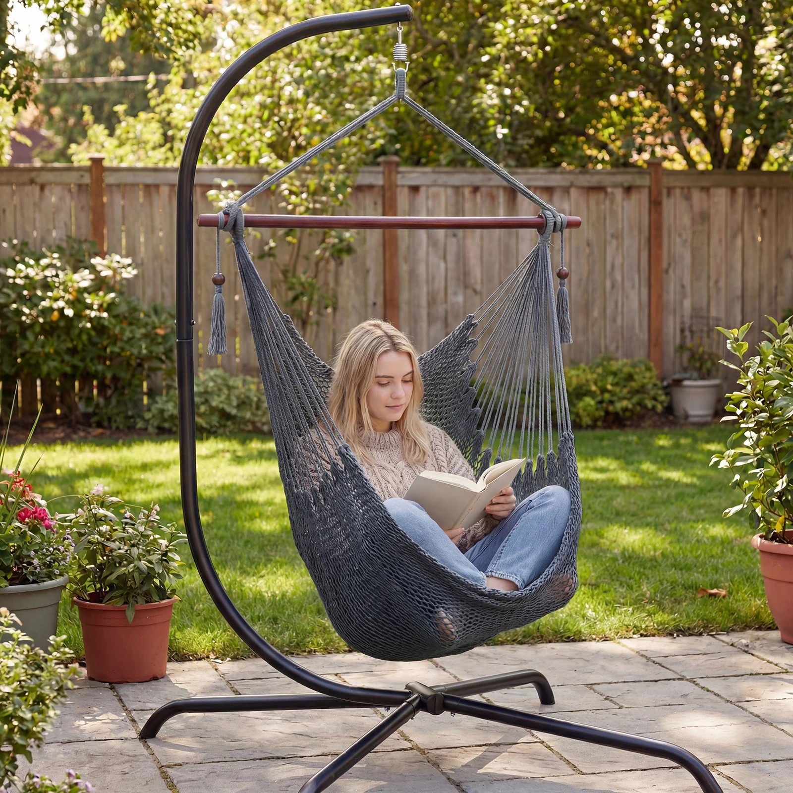 3 Costway Caribbean Hammock Chair Stretchable Hanging Rope Swing Chair - Grey, 3 of 5