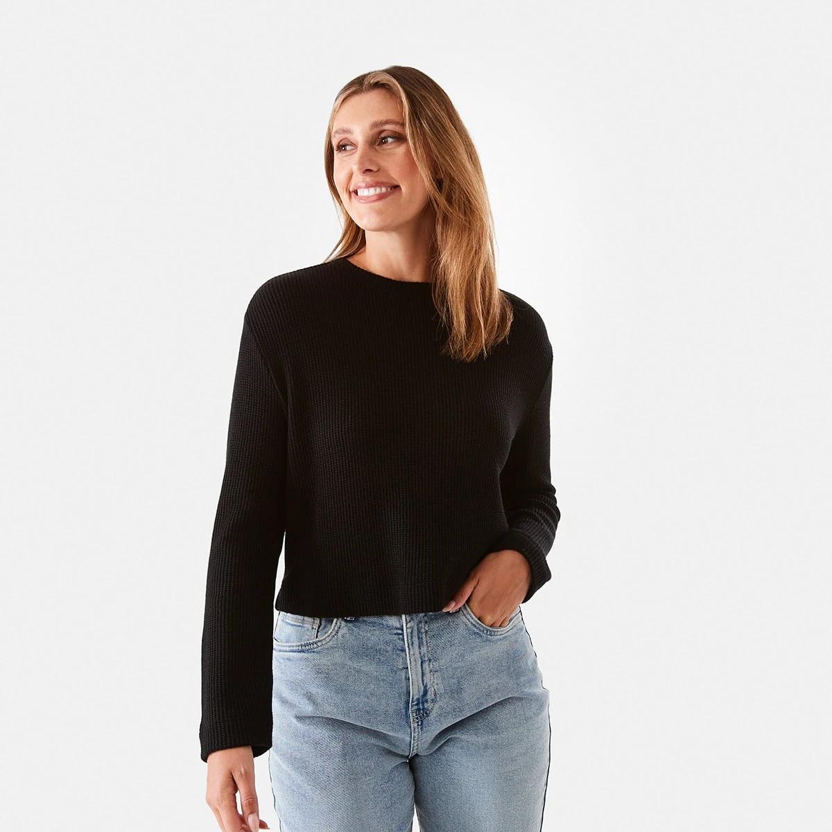 1 Long Sleeve Waffle Crew Neck Crop Top Black, 1 of 6