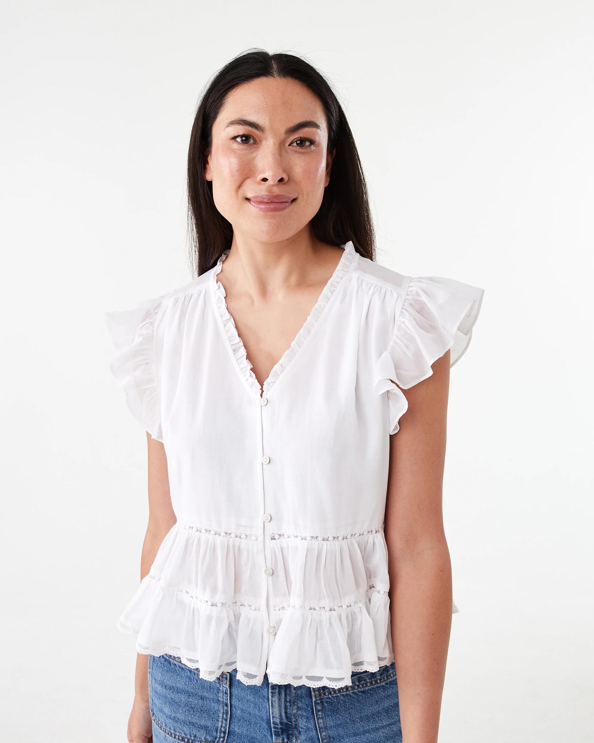 1 Short Sleeve Lace Trim Flutter Top White, 1 of 8