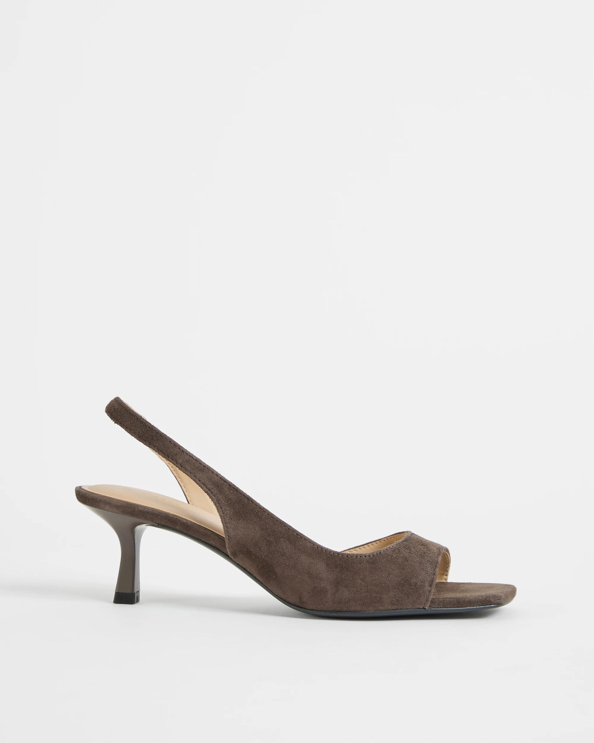 1 Target Woman Genuine Suede Leather Open Toe Kitten Heels DARK BROWN SUEDE, 1 of 3