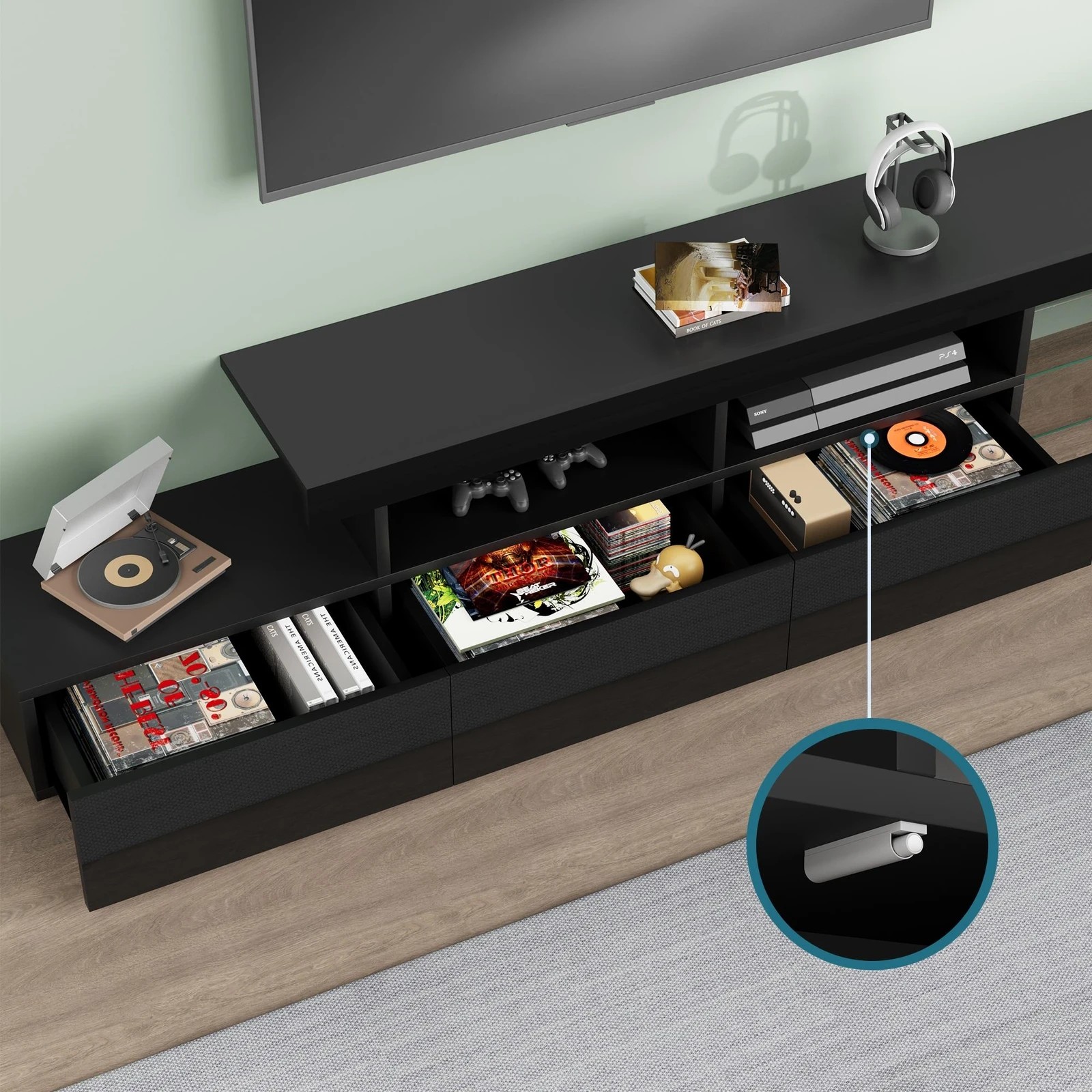 8 Alfordson Entertainment Unit 220cm TV Stand LED Light Storage Gloss - Black, 8 of 10