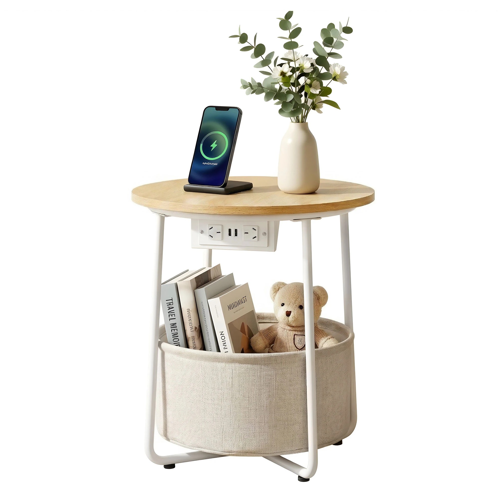 1 Artiss Round Coffee Table Side End Bedside Table Charging Station Storage Basket Wood - Beige, 1 of 9