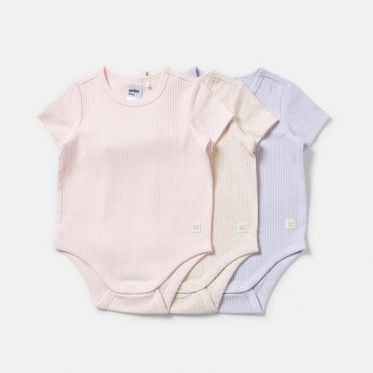 1 3 Pack Short Sleeve Rib Bodysuits PINK, HONEY, LILY, 1 of 8